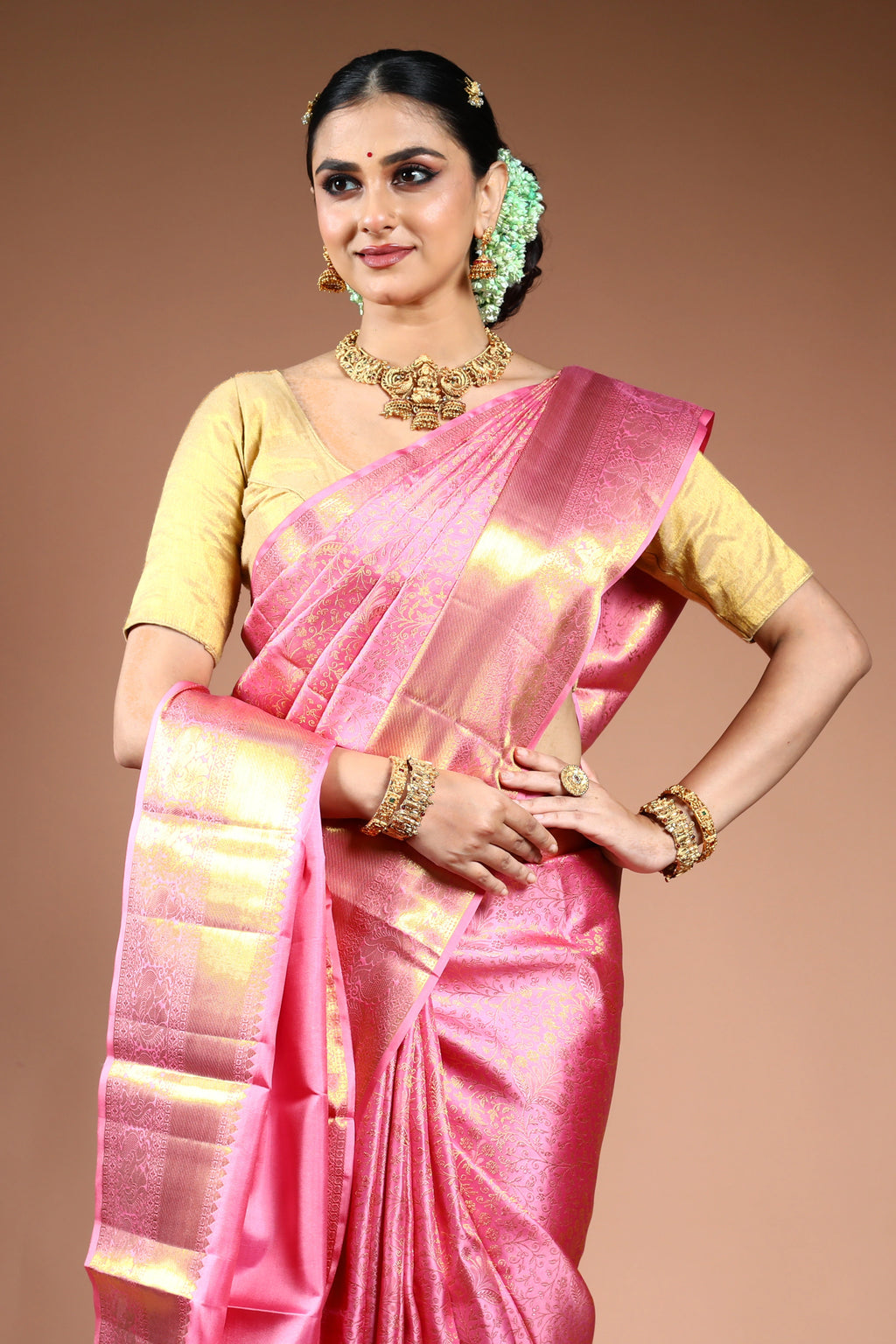 Baby Pink Brocade Kanjivaram Saree with Blouse Piece