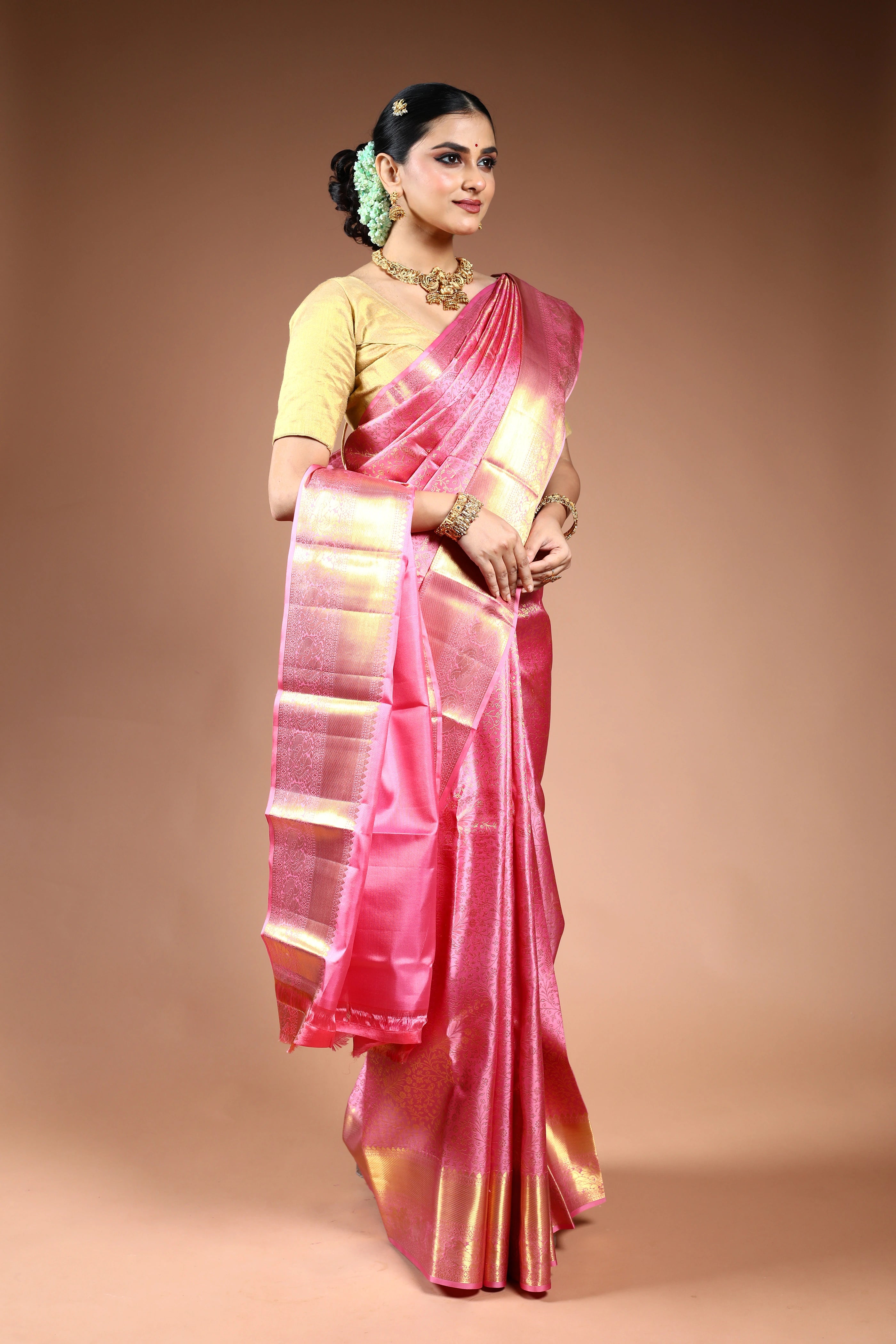 Baby Pink Brocade Kanjivaram Saree with Blouse Piece