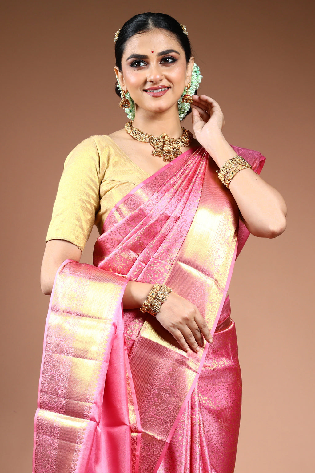 Baby Pink Brocade Kanjivaram Saree with Blouse Piece