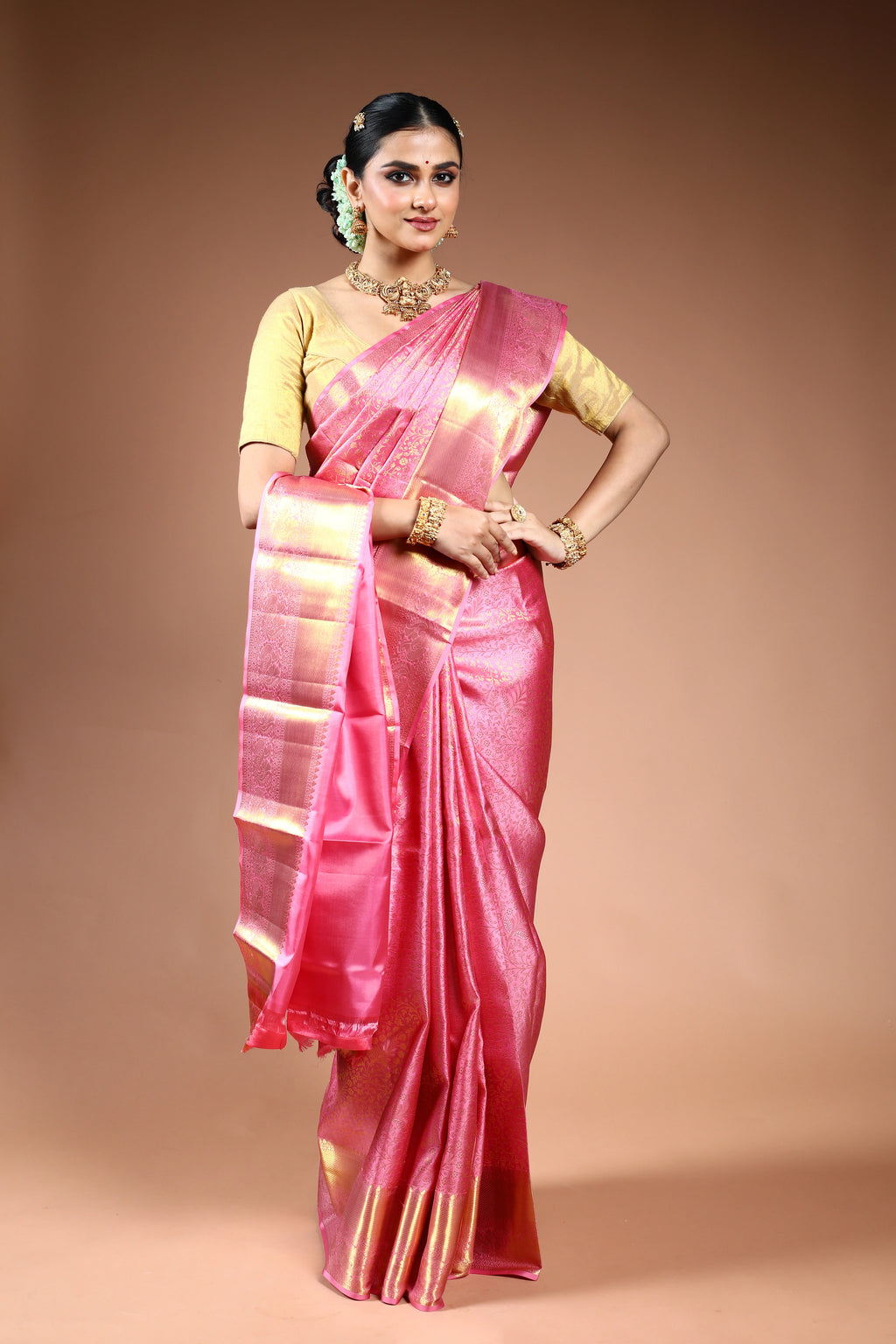 Baby Pink Brocade Kanjivaram Saree with Blouse Piece