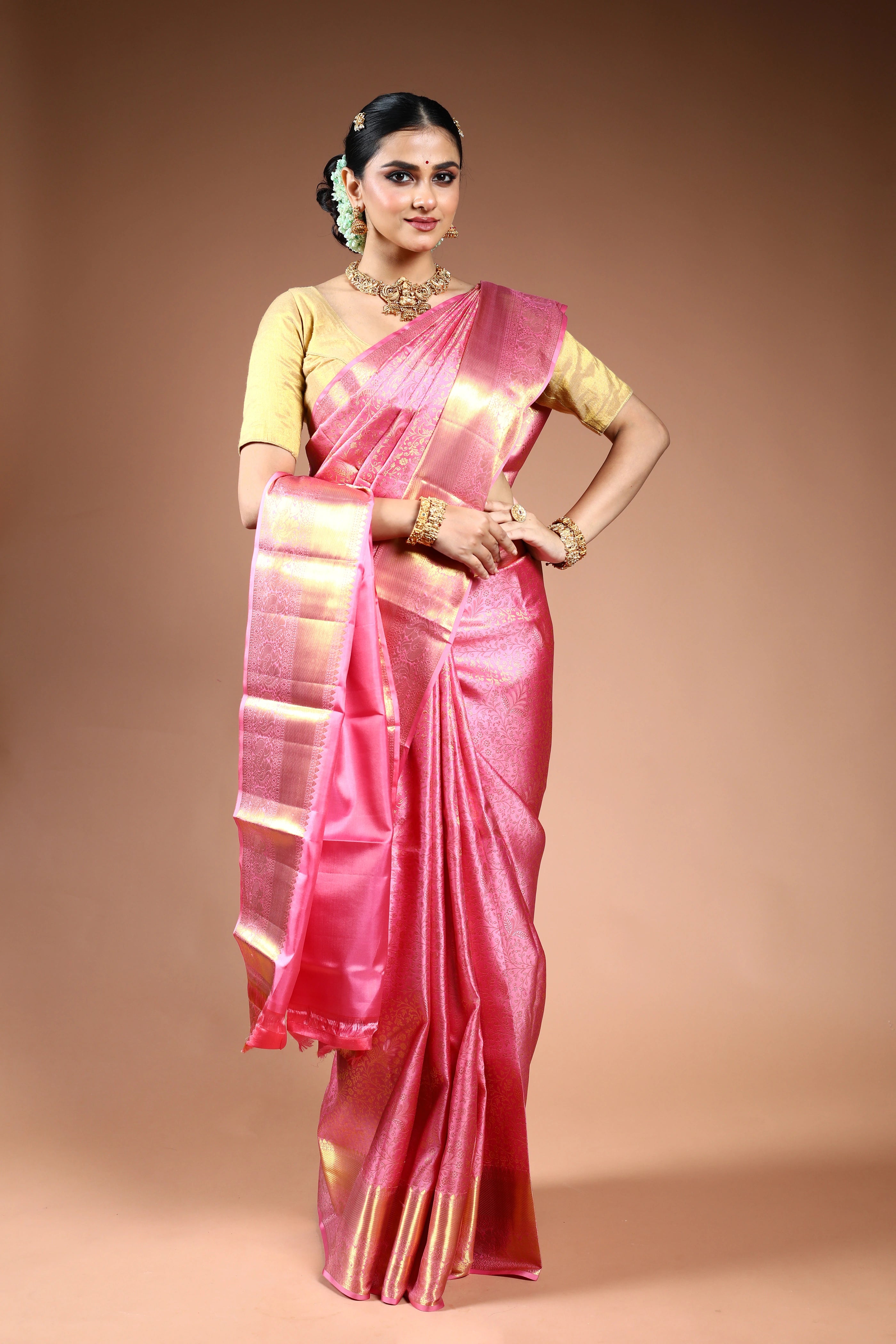 Baby Pink Brocade Kanjivaram Saree with Blouse Piece