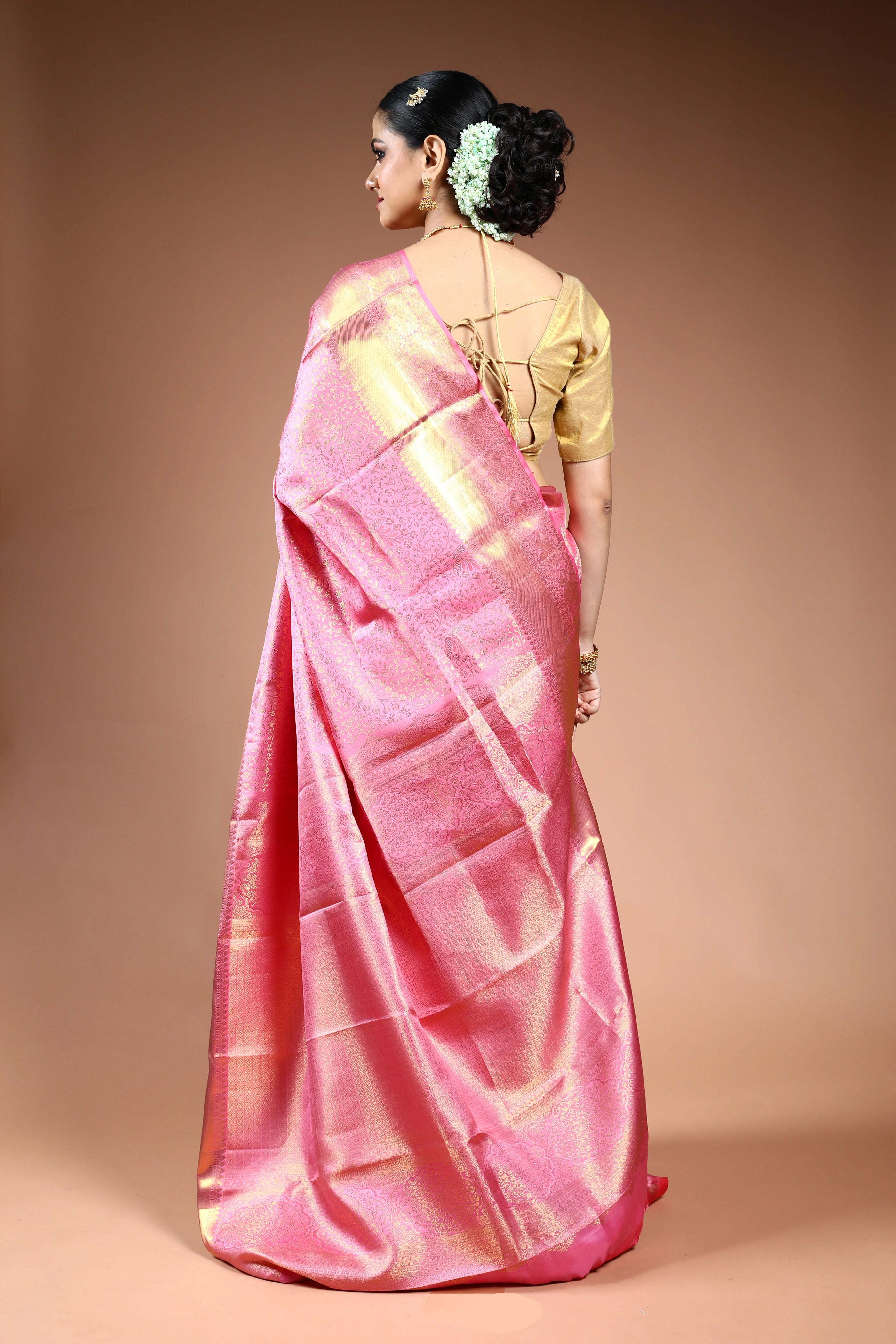 Baby Pink Brocade Kanjivaram Saree with Blouse Piece