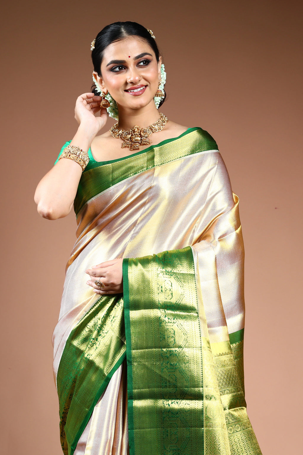 Rose Gold Tissue Kanjivaram Saree with Blouse Piece