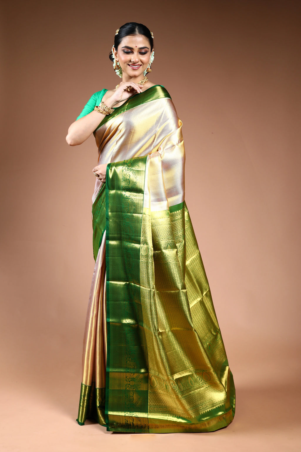 Rose Gold Tissue Kanjivaram Saree with Blouse Piece