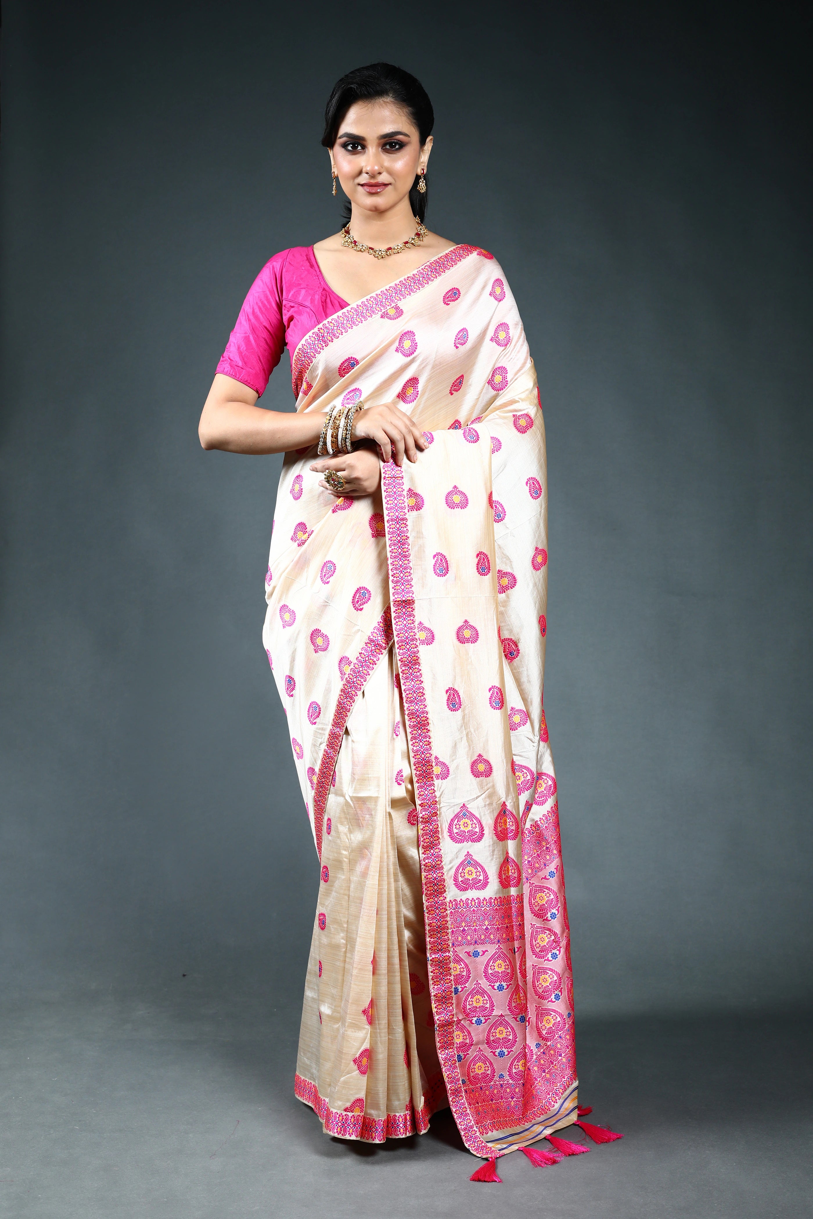 Offwhite Pink Semi Assam Silk Saree with Blouse Piece
