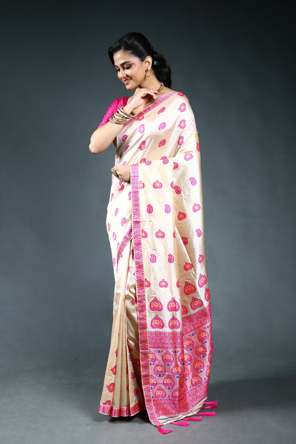 Offwhite Pink Semi Assam Silk Saree with Blouse Piece