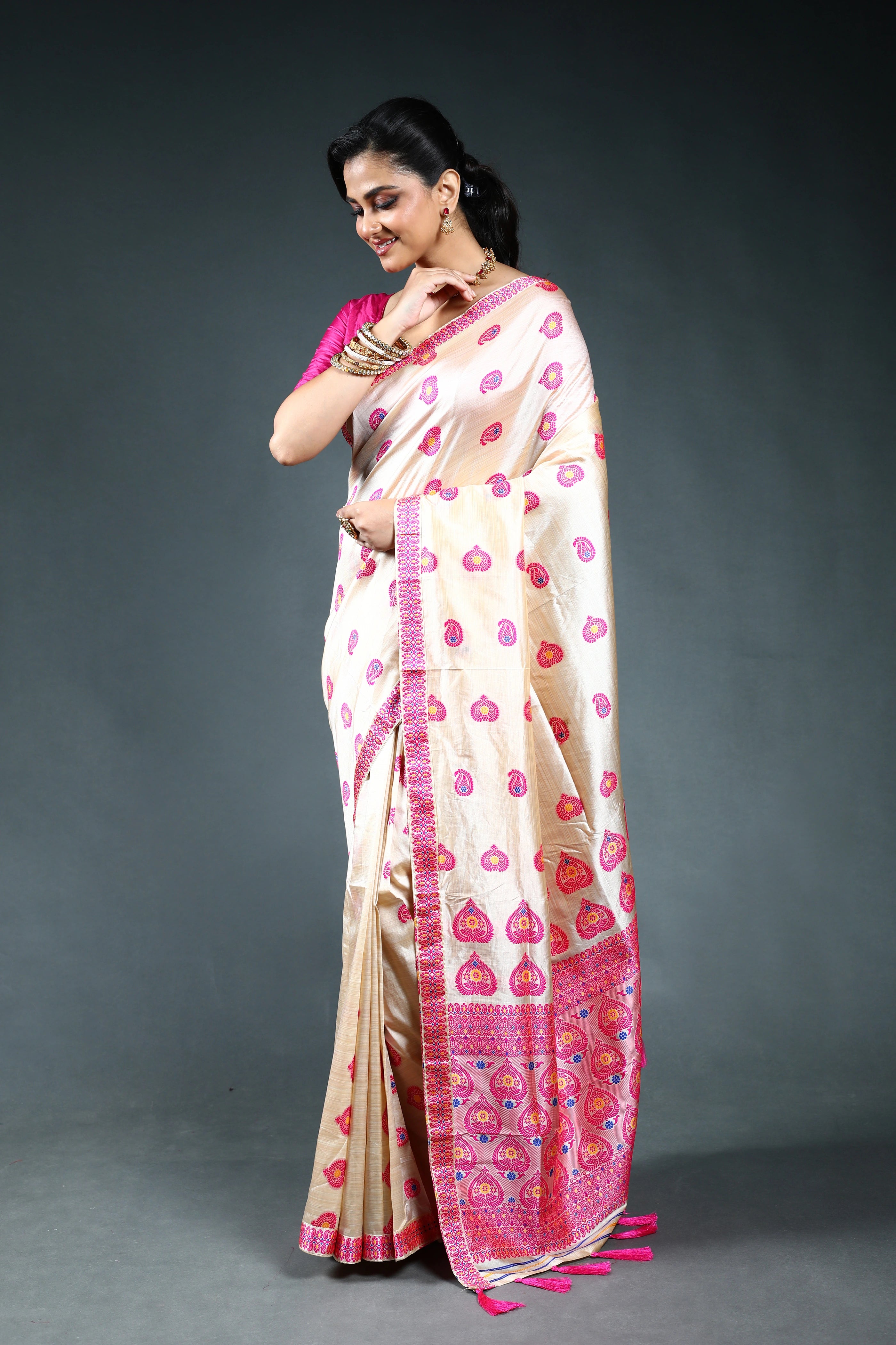 Offwhite Pink Semi Assam Silk Saree with Blouse Piece