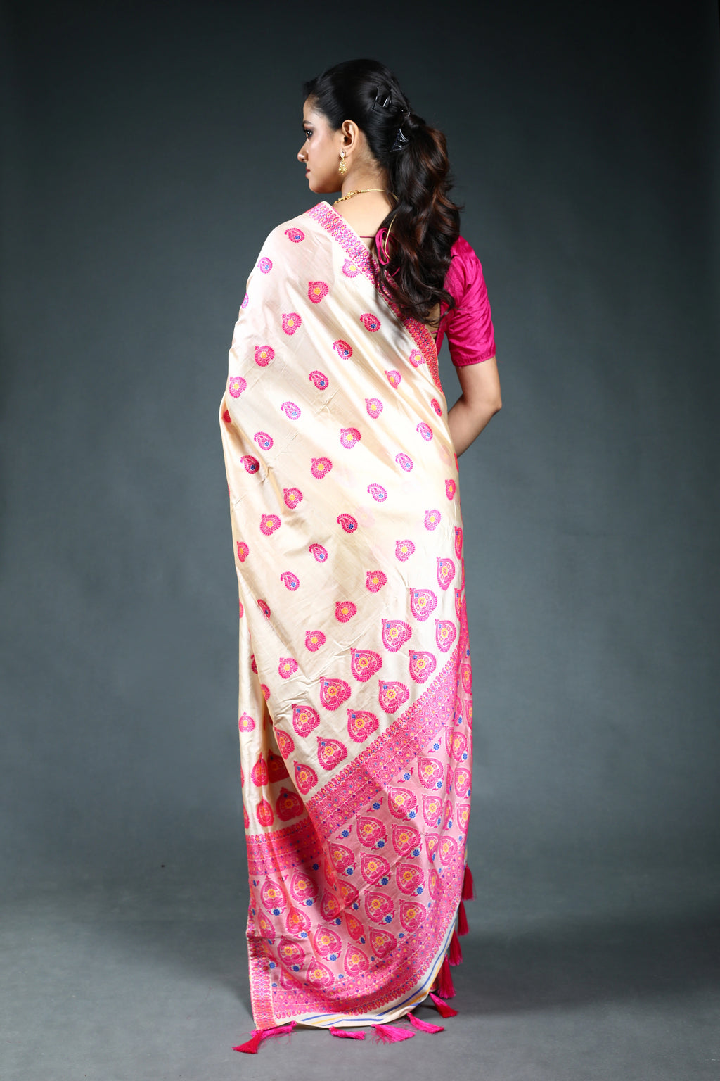 Offwhite Pink Semi Assam Silk Saree with Blouse Piece