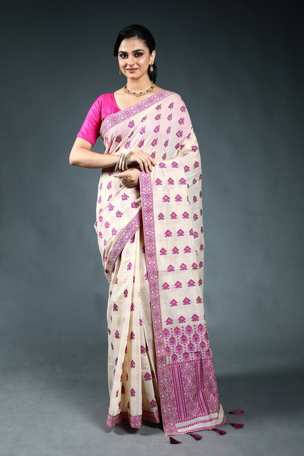 Offwhite Purple Semi Assam Silk Saree with Blouse Piece