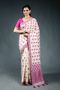 Offwhite Purple Semi Assam Silk Saree with Blouse Piece