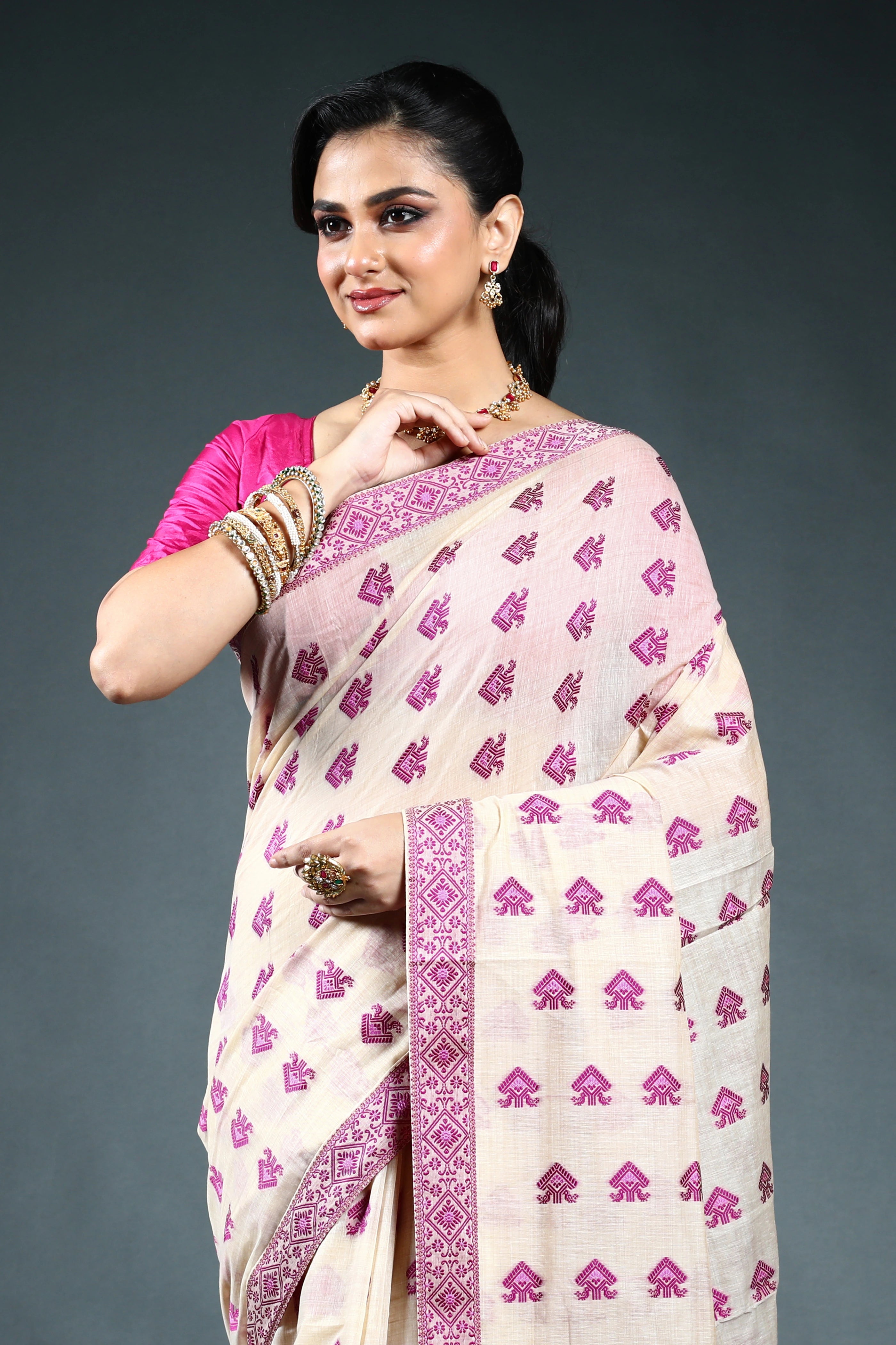 Offwhite Purple Semi Assam Silk Saree with Blouse Piece