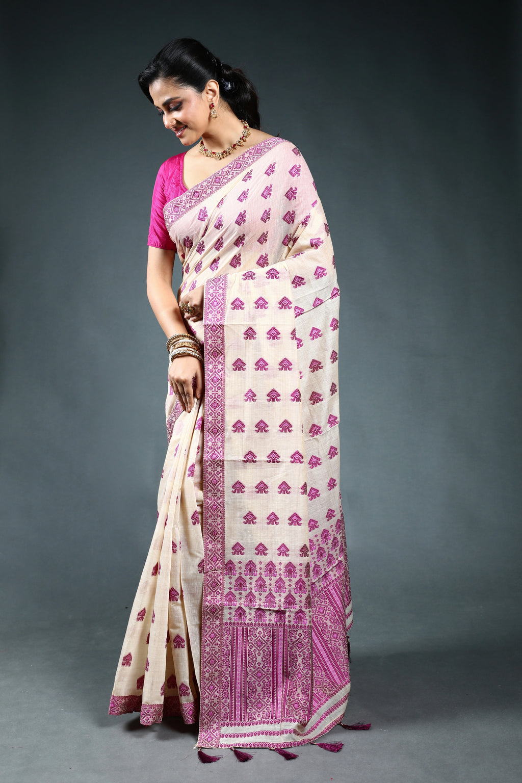 Offwhite Purple Semi Assam Silk Saree with Blouse Piece