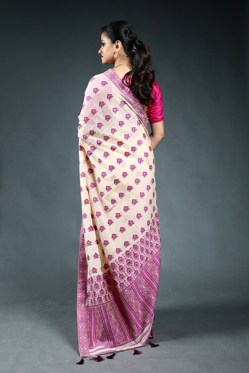 Offwhite Purple Semi Assam Silk Saree with Blouse Piece