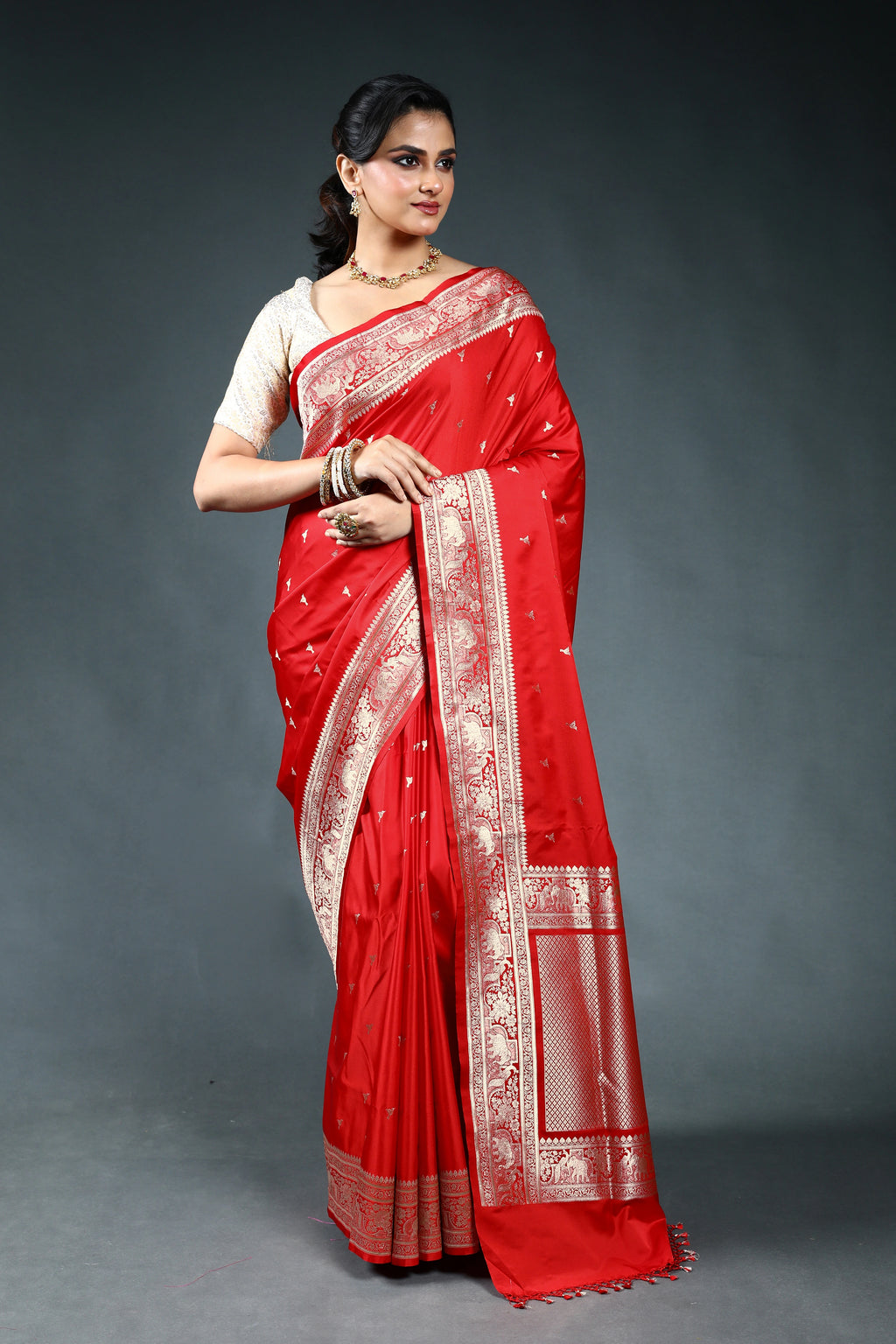 Red Semi Mashru Saree with Blouse Piece