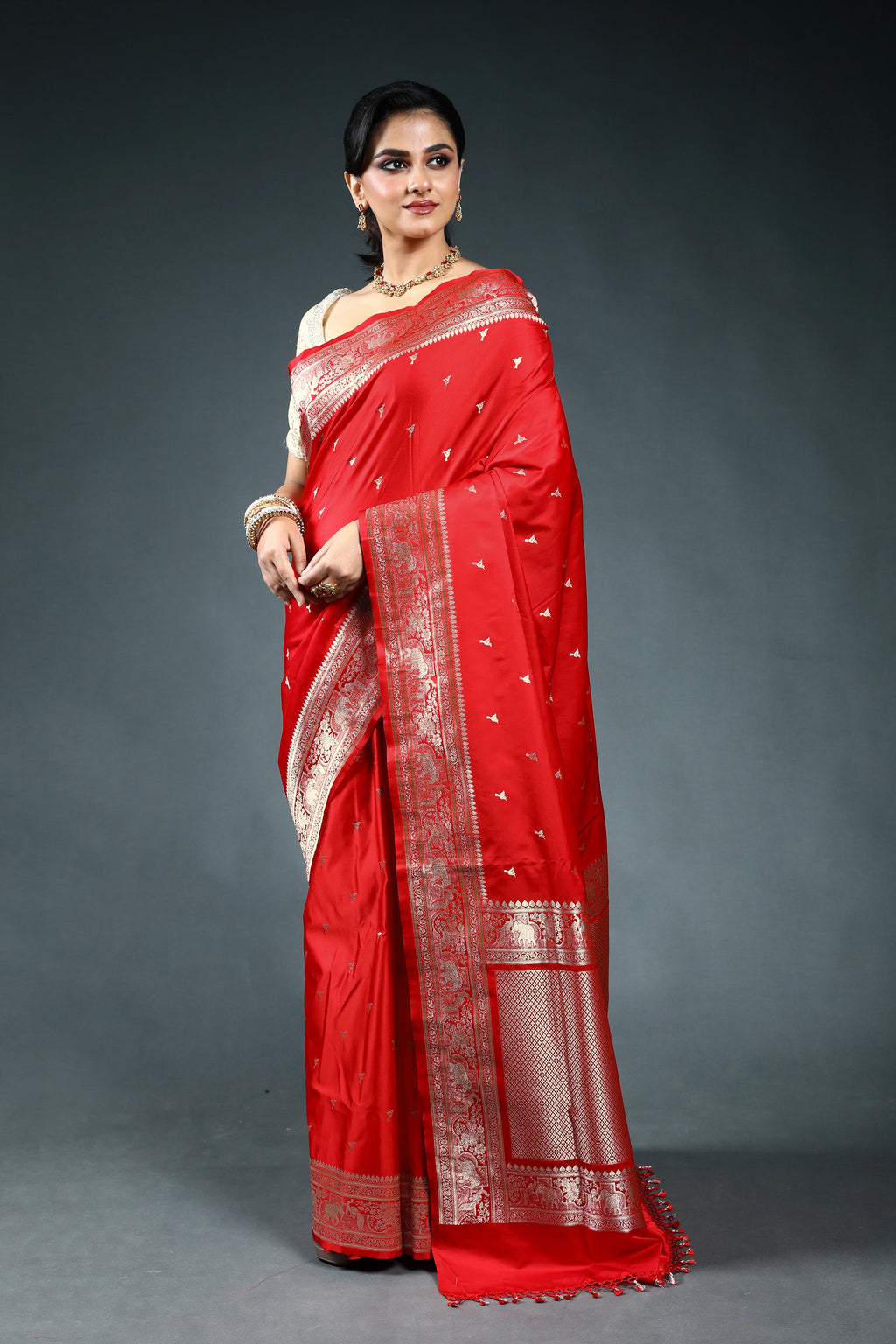 Red Semi Mashru Saree with Blouse Piece