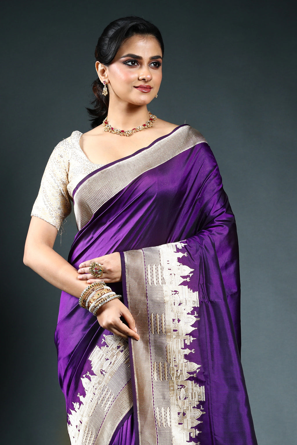Purple Pure Ghat Katan Saree with Blouse Piece