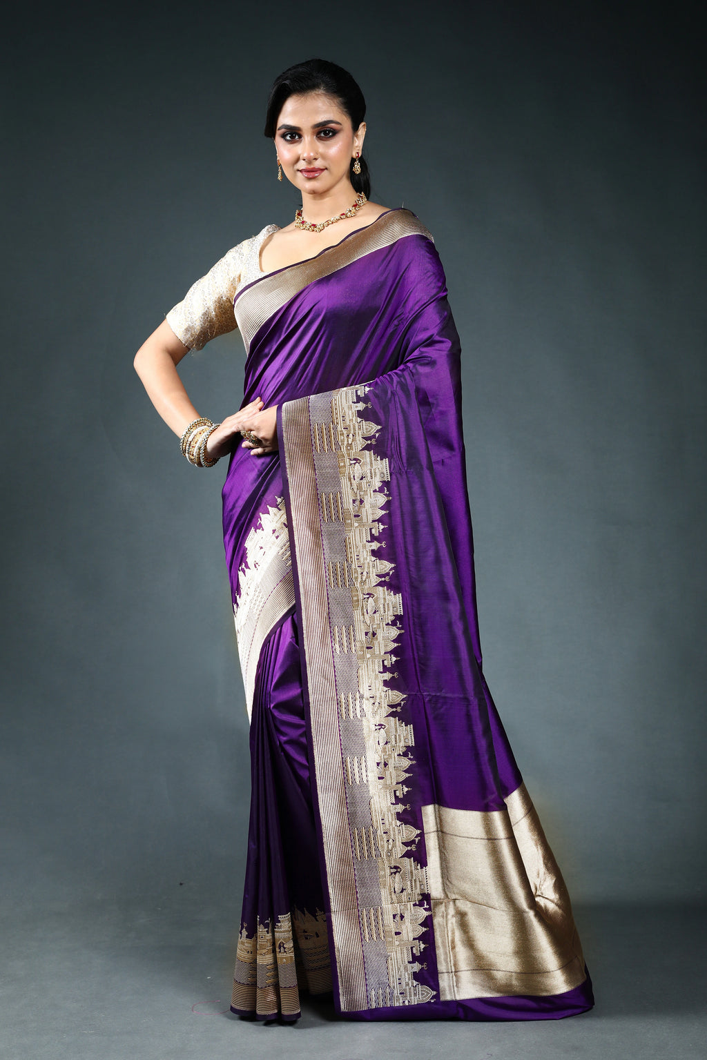 Purple Pure Ghat Katan Saree with Blouse Piece