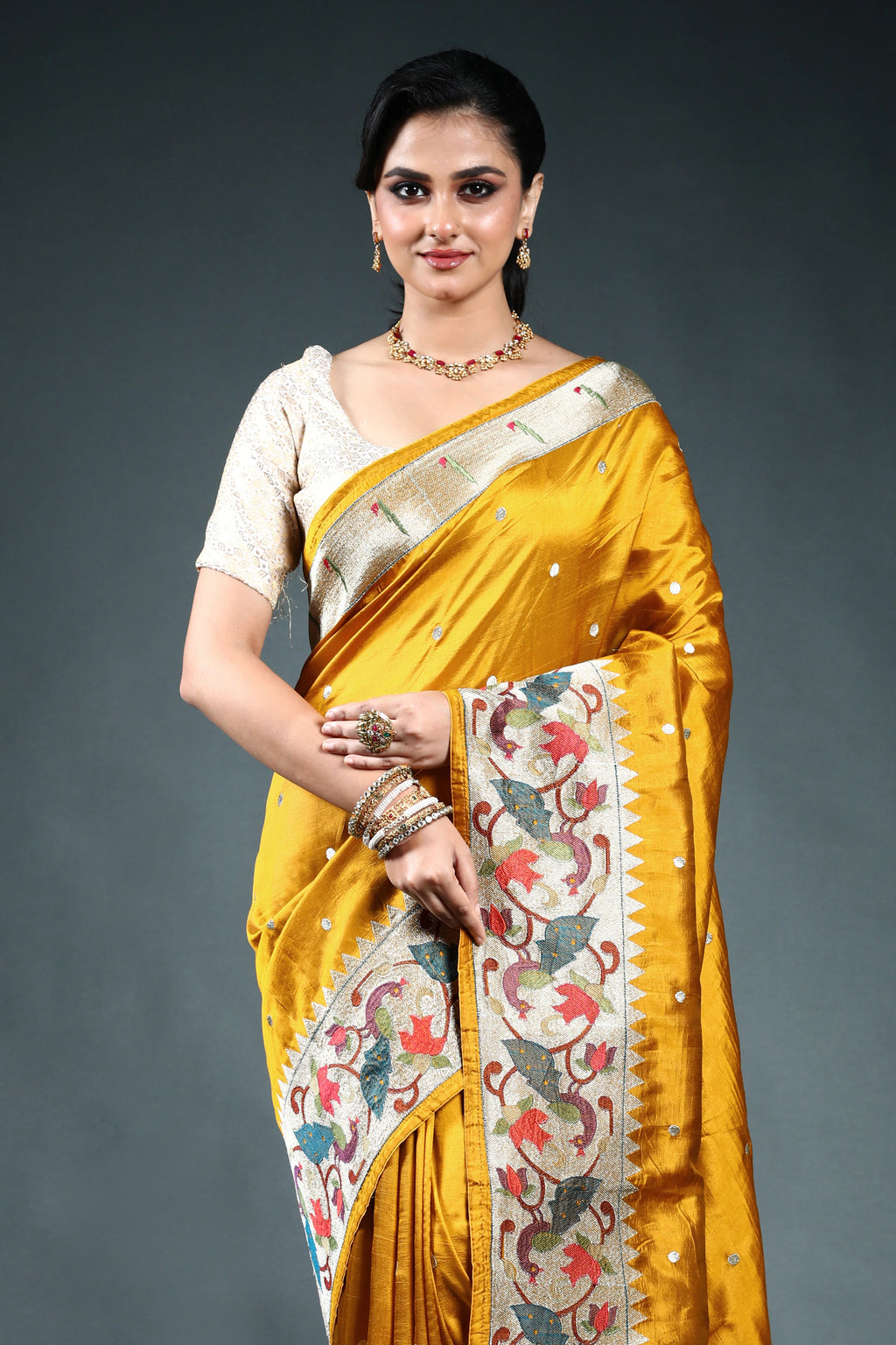 Mustard Yellow Semi Silk Paithani Saree with Blouse Piece