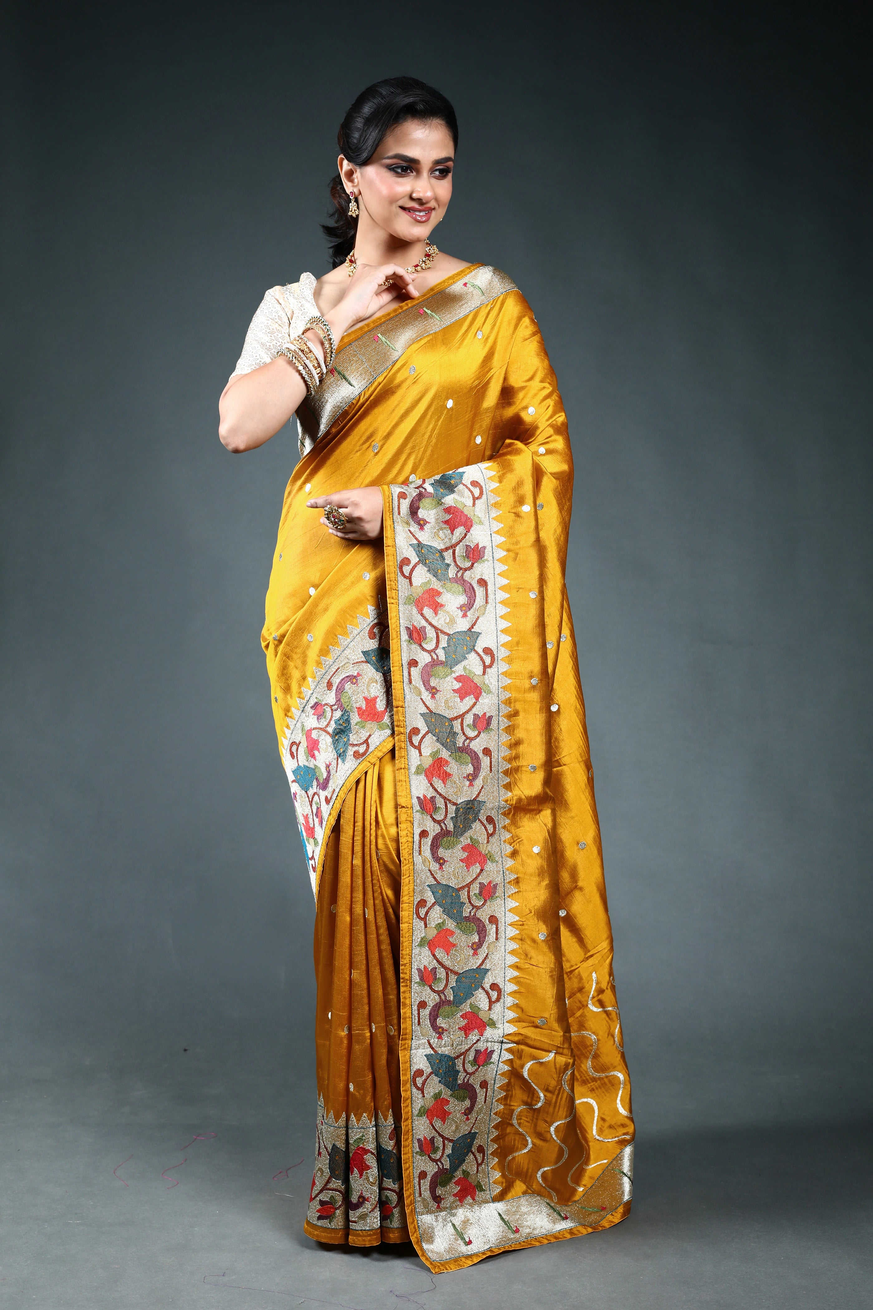 Mustard Yellow Semi Silk Paithani Saree with Blouse Piece