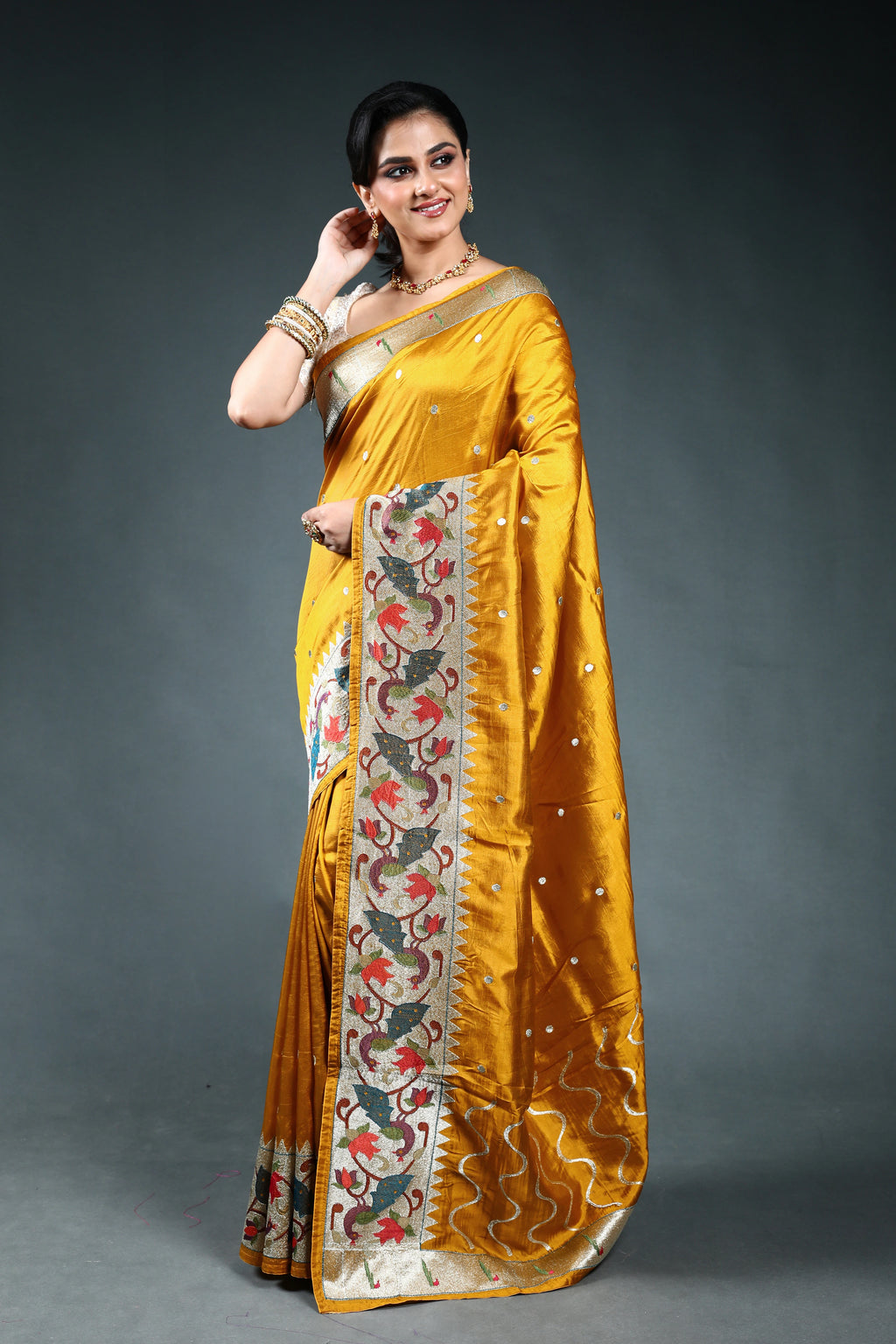 Mustard Yellow Semi Silk Paithani Saree with Blouse Piece
