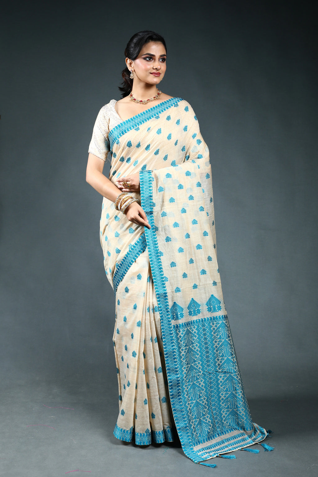 Offwhite Aqua Blue Semi Assam Silk Saree with Blouse Piece