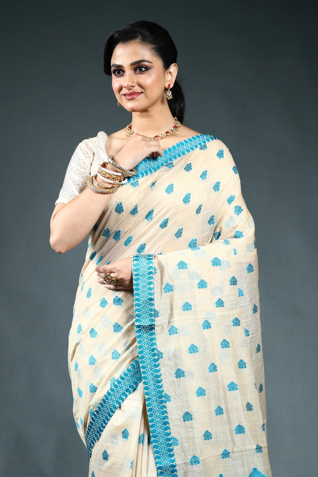 Offwhite Aqua Blue Semi Assam Silk Saree with Blouse Piece
