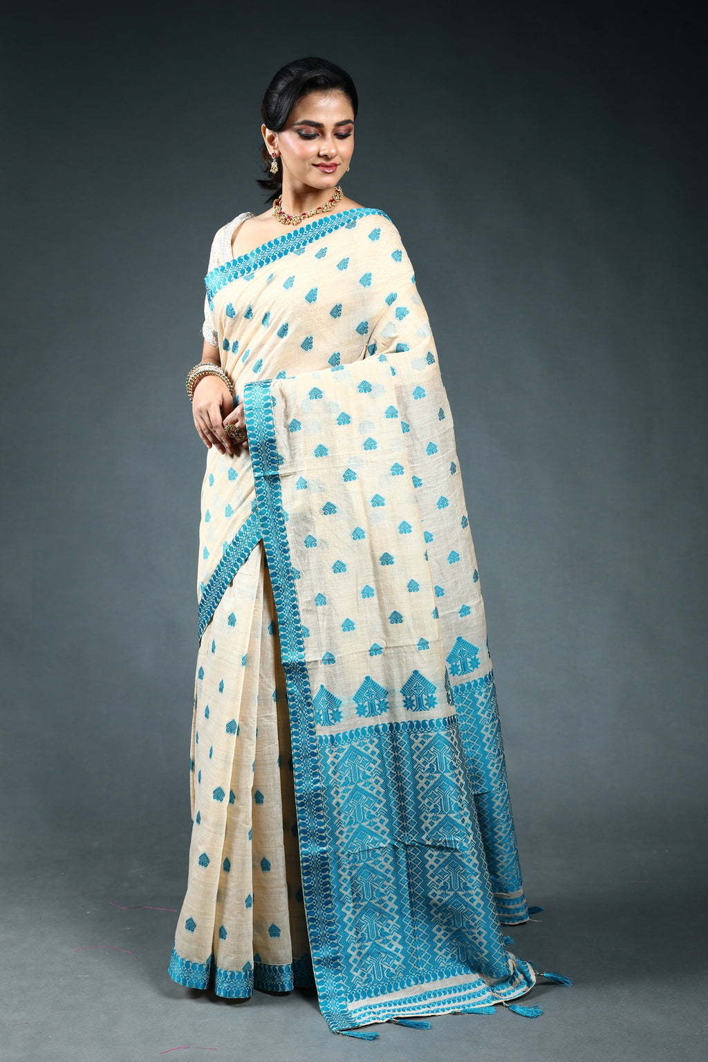 Offwhite Aqua Blue Semi Assam Silk Saree with Blouse Piece