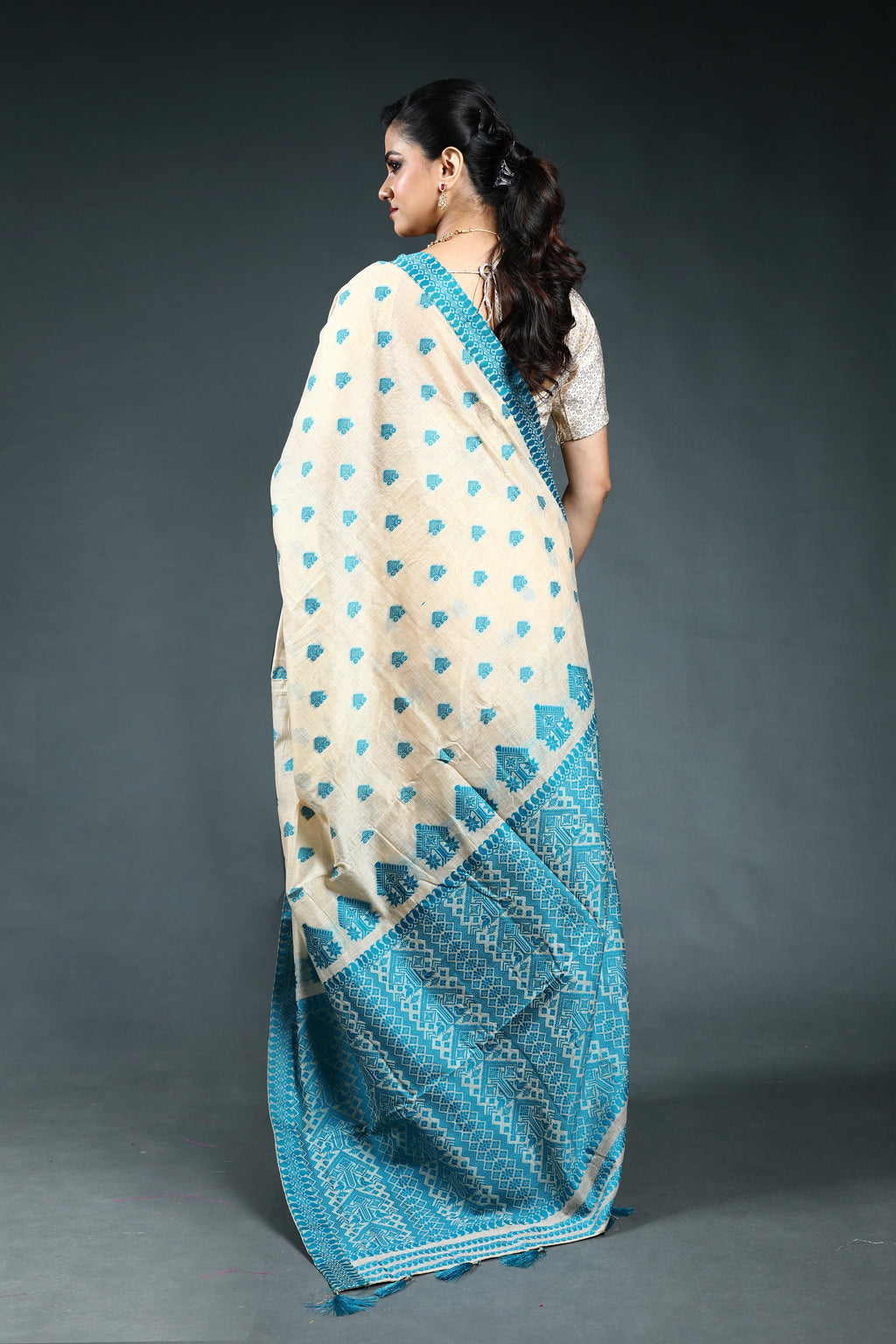 Offwhite Aqua Blue Semi Assam Silk Saree with Blouse Piece