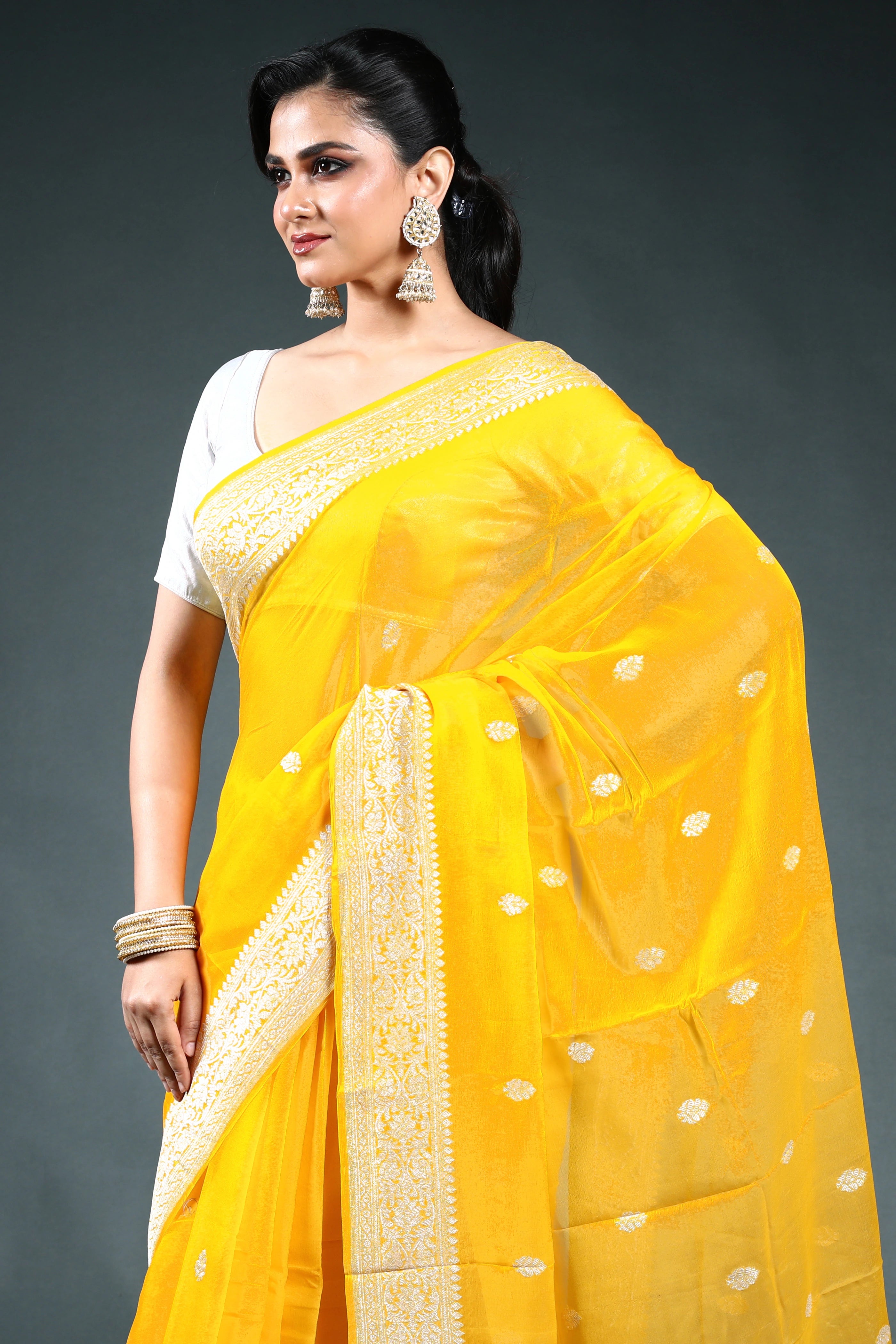 Yellow Chiffon Banarasi Saree with Blouse Piece