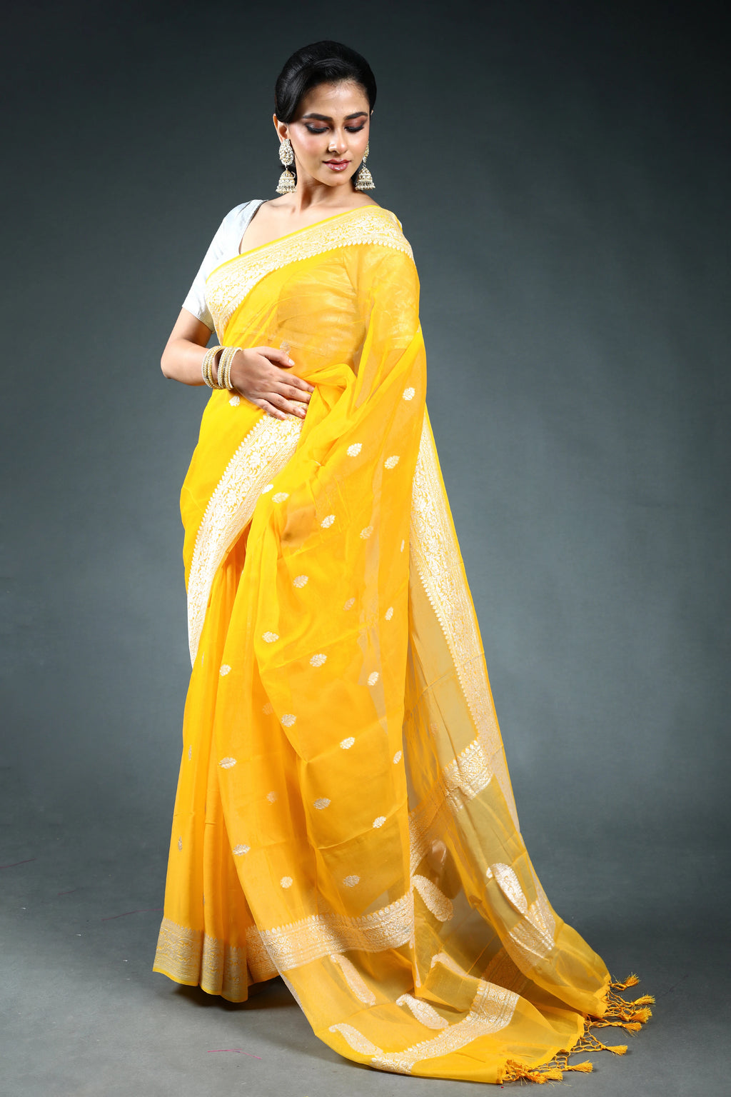 Yellow Chiffon Banarasi Saree with Blouse Piece
