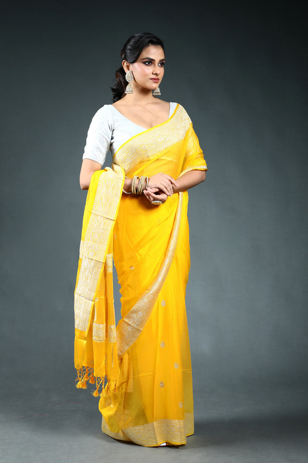 Yellow Chiffon Banarasi Saree with Blouse Piece
