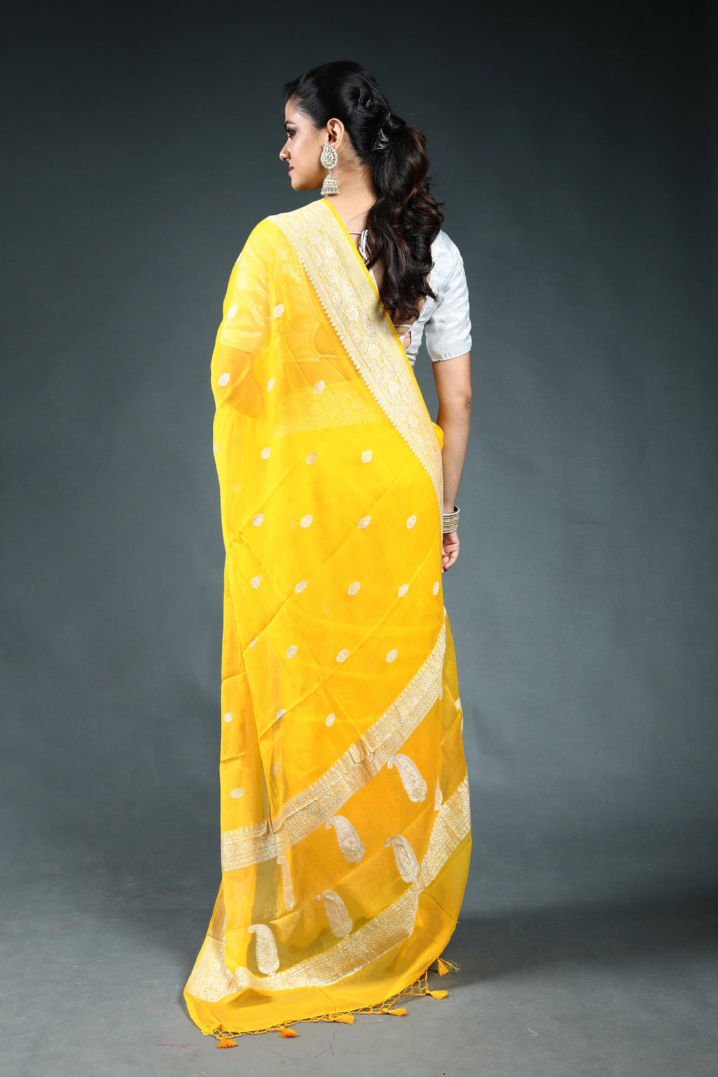 Yellow Chiffon Banarasi Saree with Blouse Piece