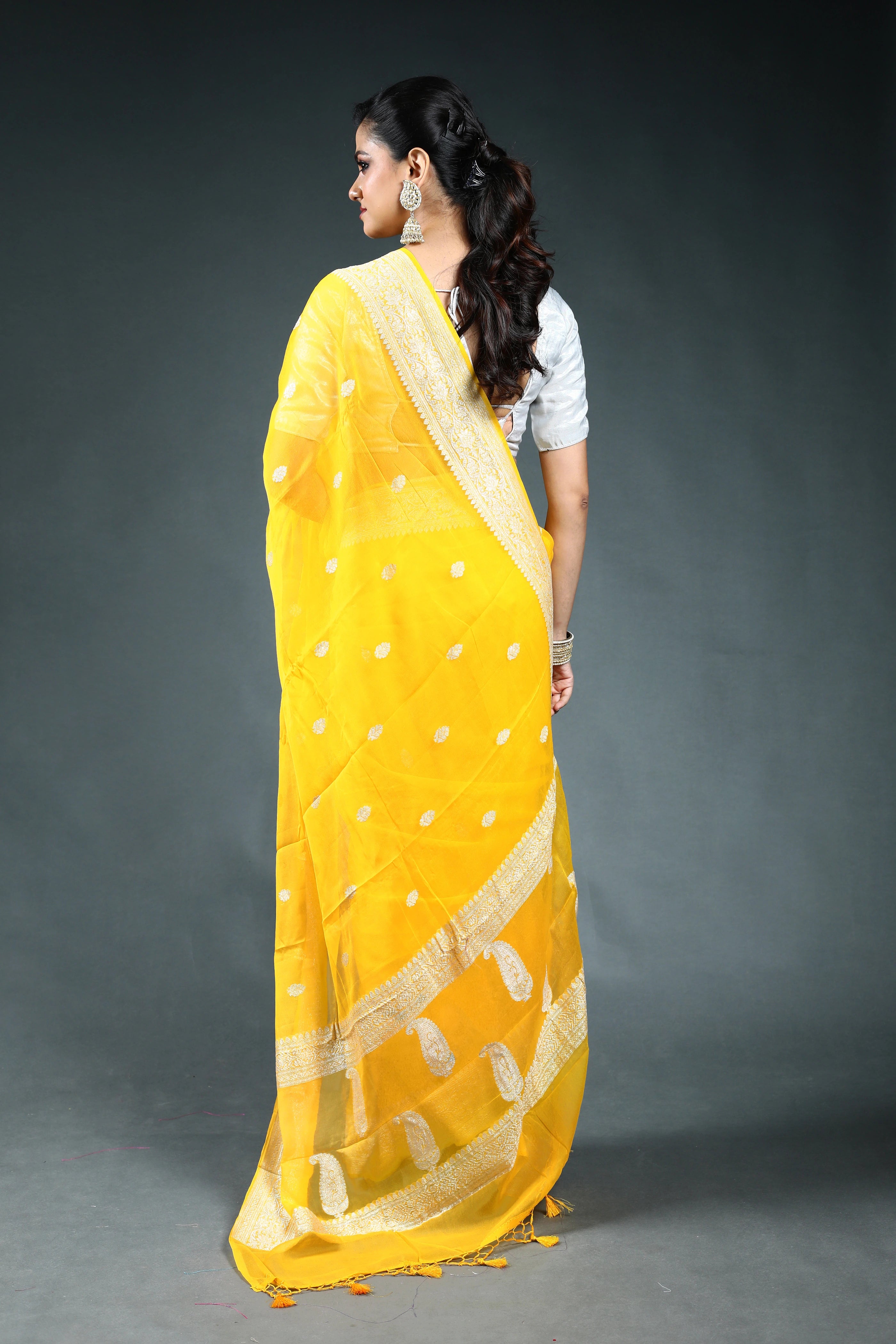 Yellow Chiffon Banarasi Saree with Blouse Piece