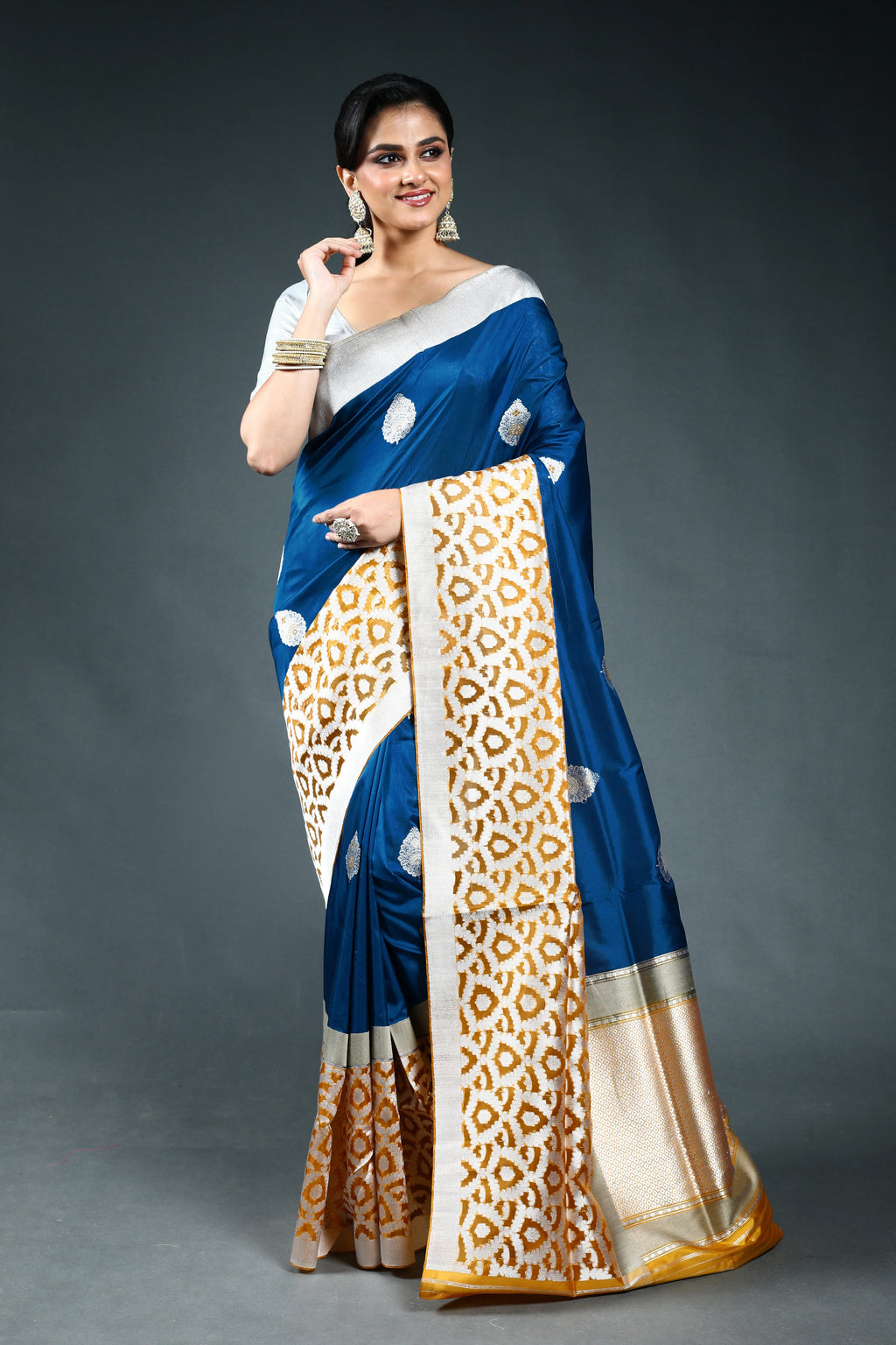 Teal Blue Exclusive Kora Katan Banarasi Saree with Blouse Piece