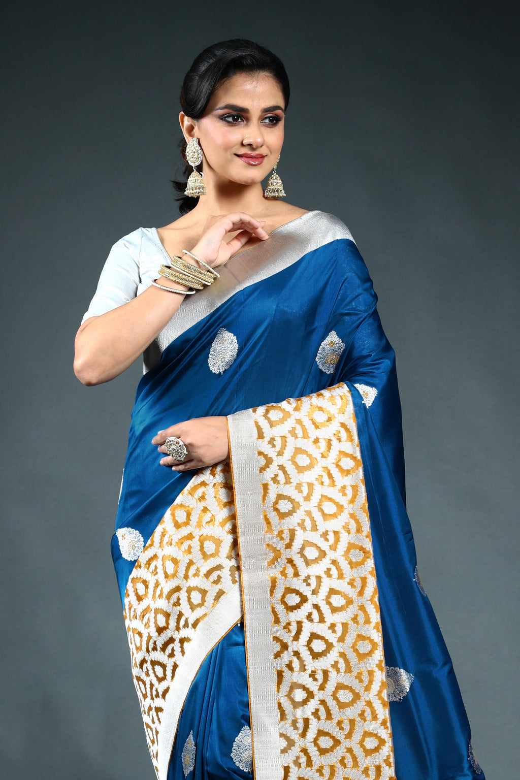 Teal Blue Exclusive Kora Katan Banarasi Saree with Blouse Piece