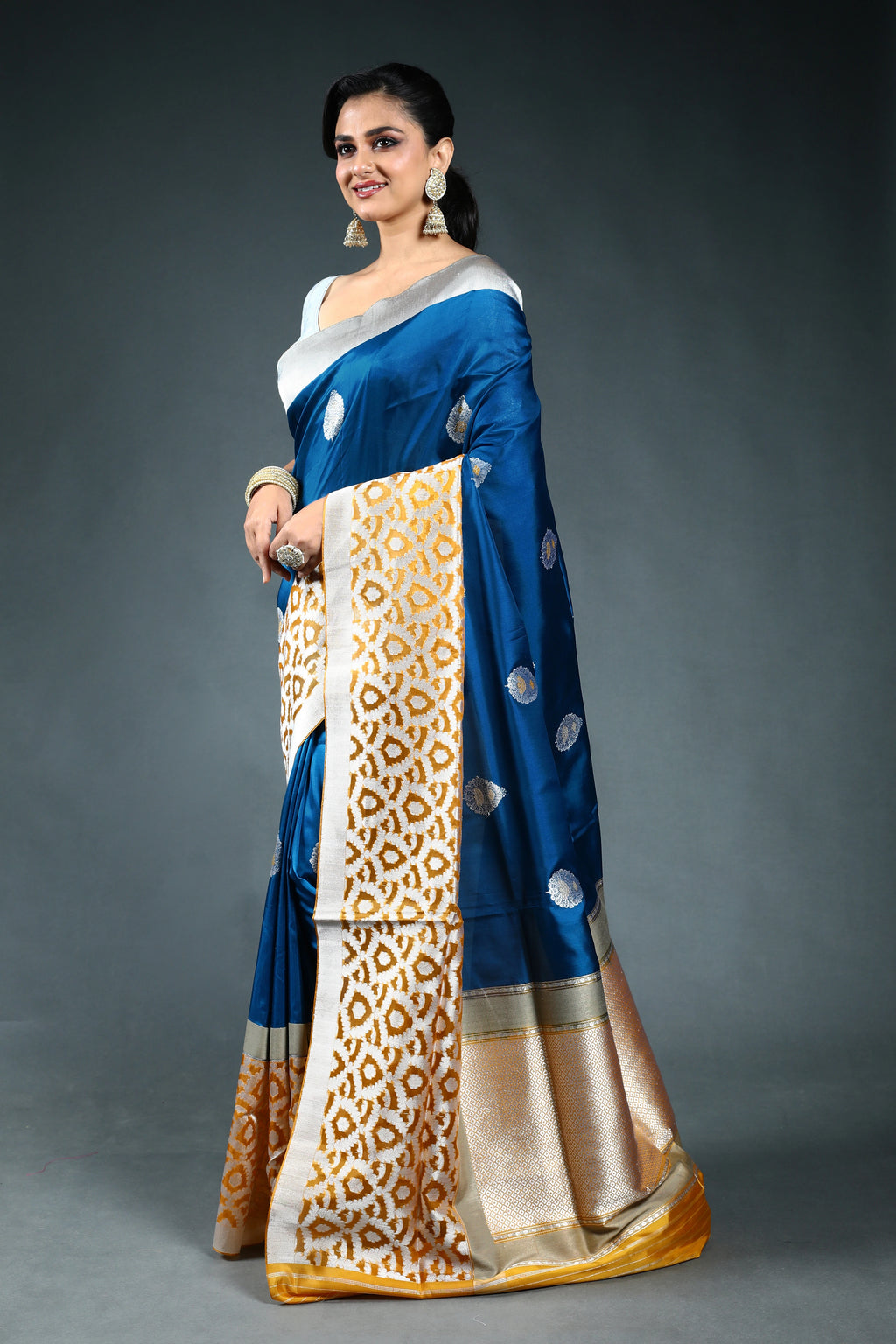 Teal Blue Exclusive Kora Katan Banarasi Saree with Blouse Piece