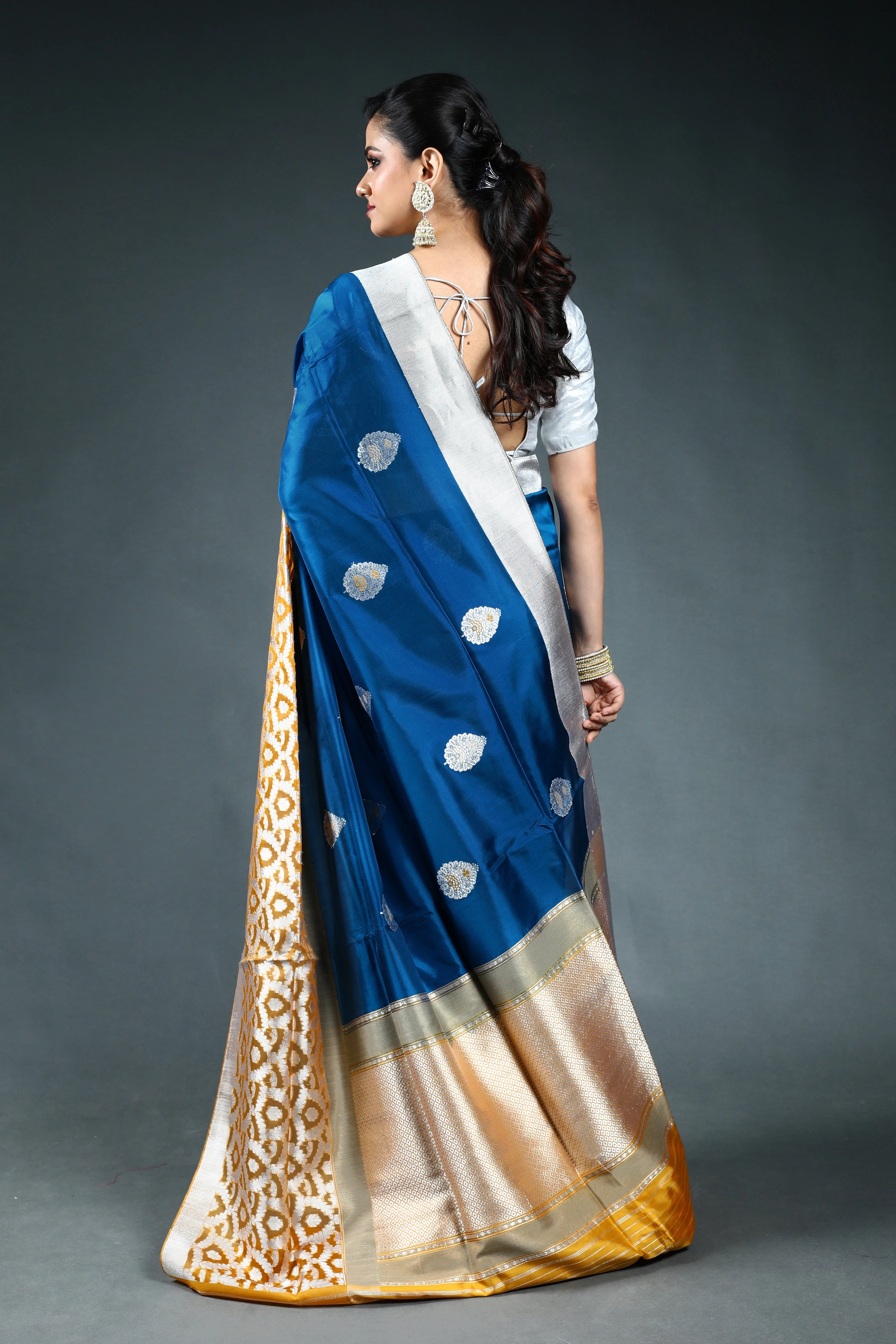 Teal Blue Exclusive Kora Katan Banarasi Saree with Blouse Piece
