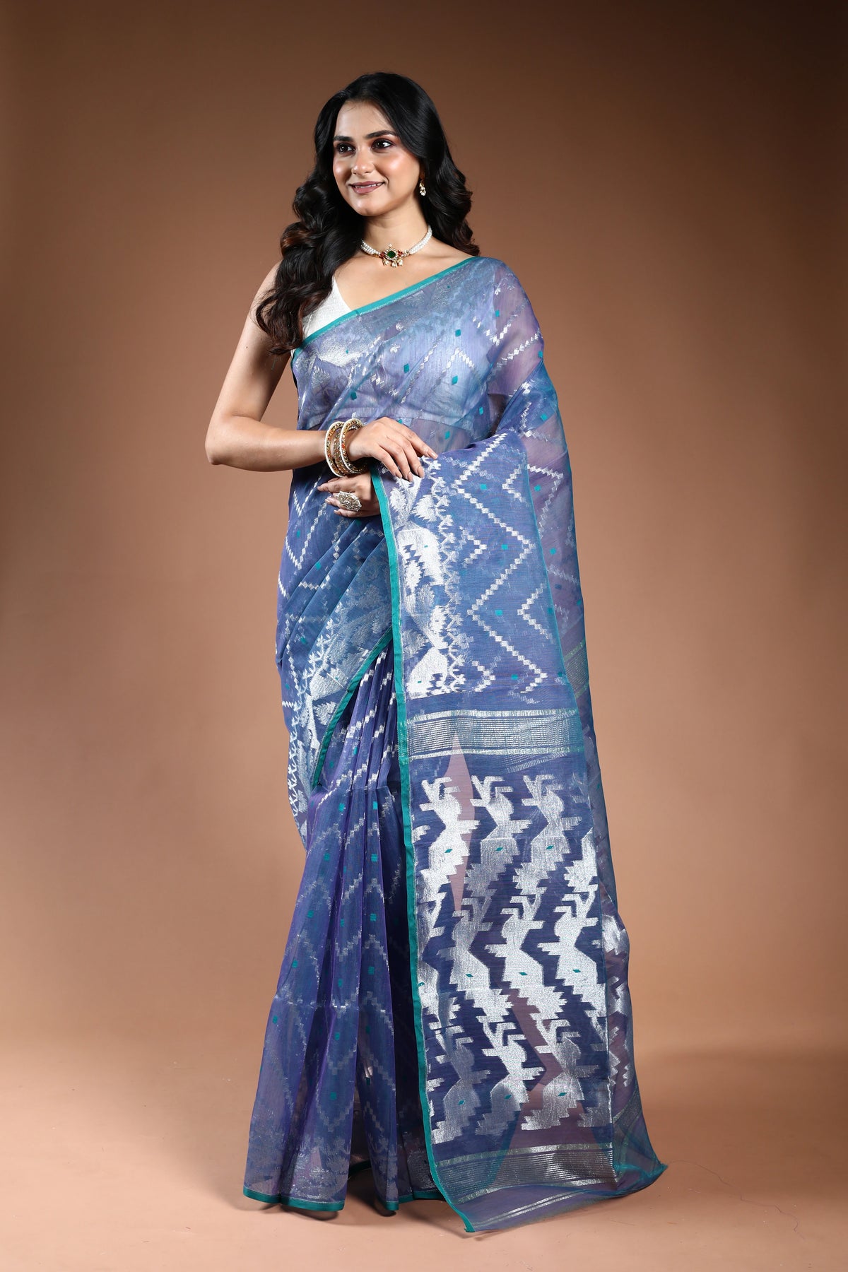 Indigo Blue Bengal Jamdani Saree with Blouse Piece