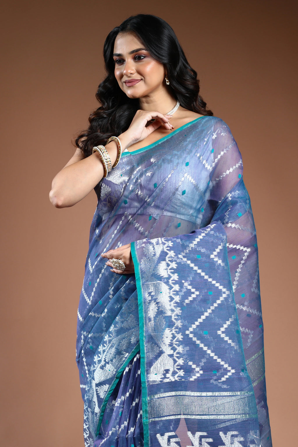 Indigo Blue Bengal Jamdani Saree with Blouse Piece