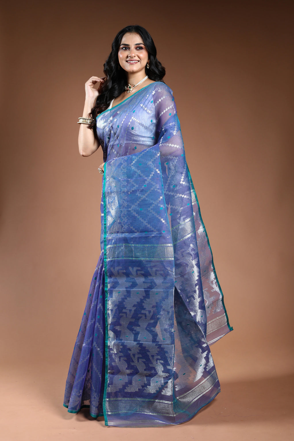 Indigo Blue Bengal Jamdani Saree with Blouse Piece