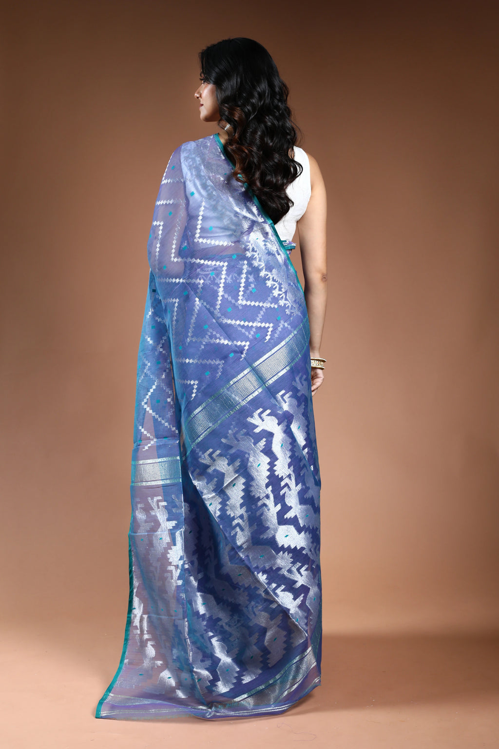 Indigo Blue Bengal Jamdani Saree with Blouse Piece