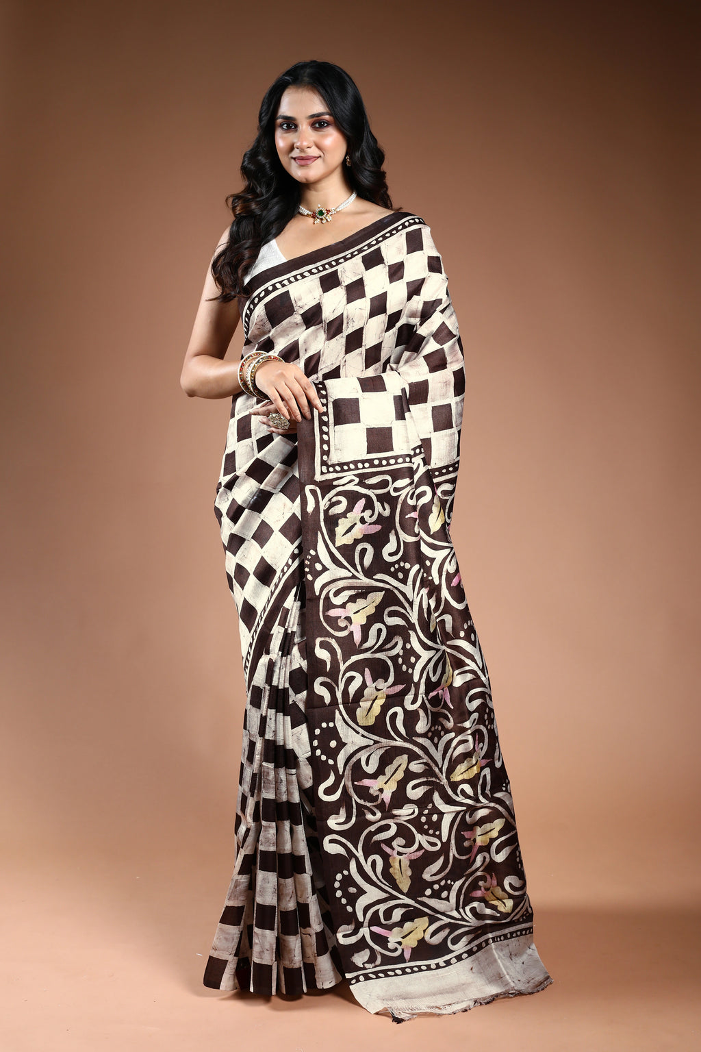 Brown & Offwhite Pure Bishnupur Silk Saree with Blouse Piece