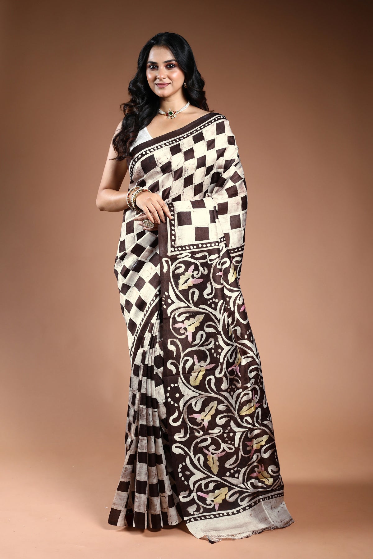 Brown & Offwhite Pure Bishnupur Silk Saree with Blouse Piece
