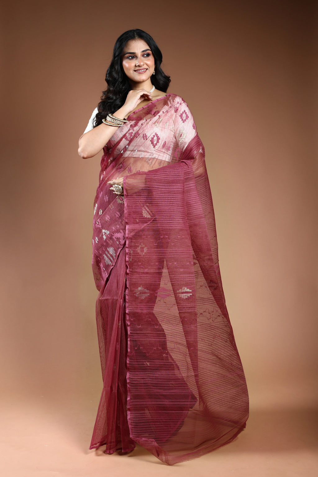 Wine Bengal Jamdani Saree with Blouse Piece