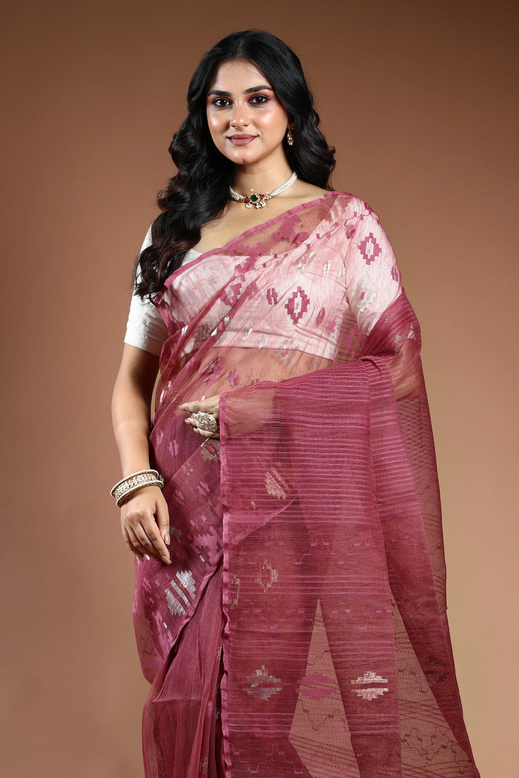 Wine Bengal Jamdani Saree with Blouse Piece