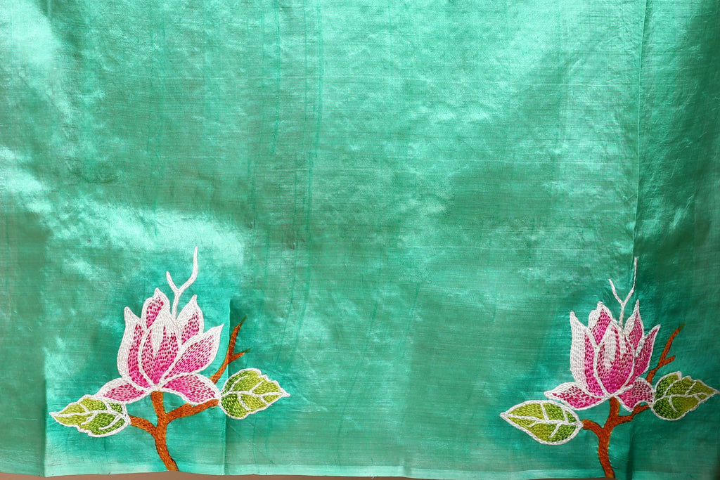 Black Murshidabad Silk katha work Saree with Blouse Piece