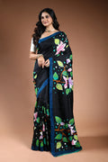 Black Murshidabad Silk katha work Saree with Blouse Piece