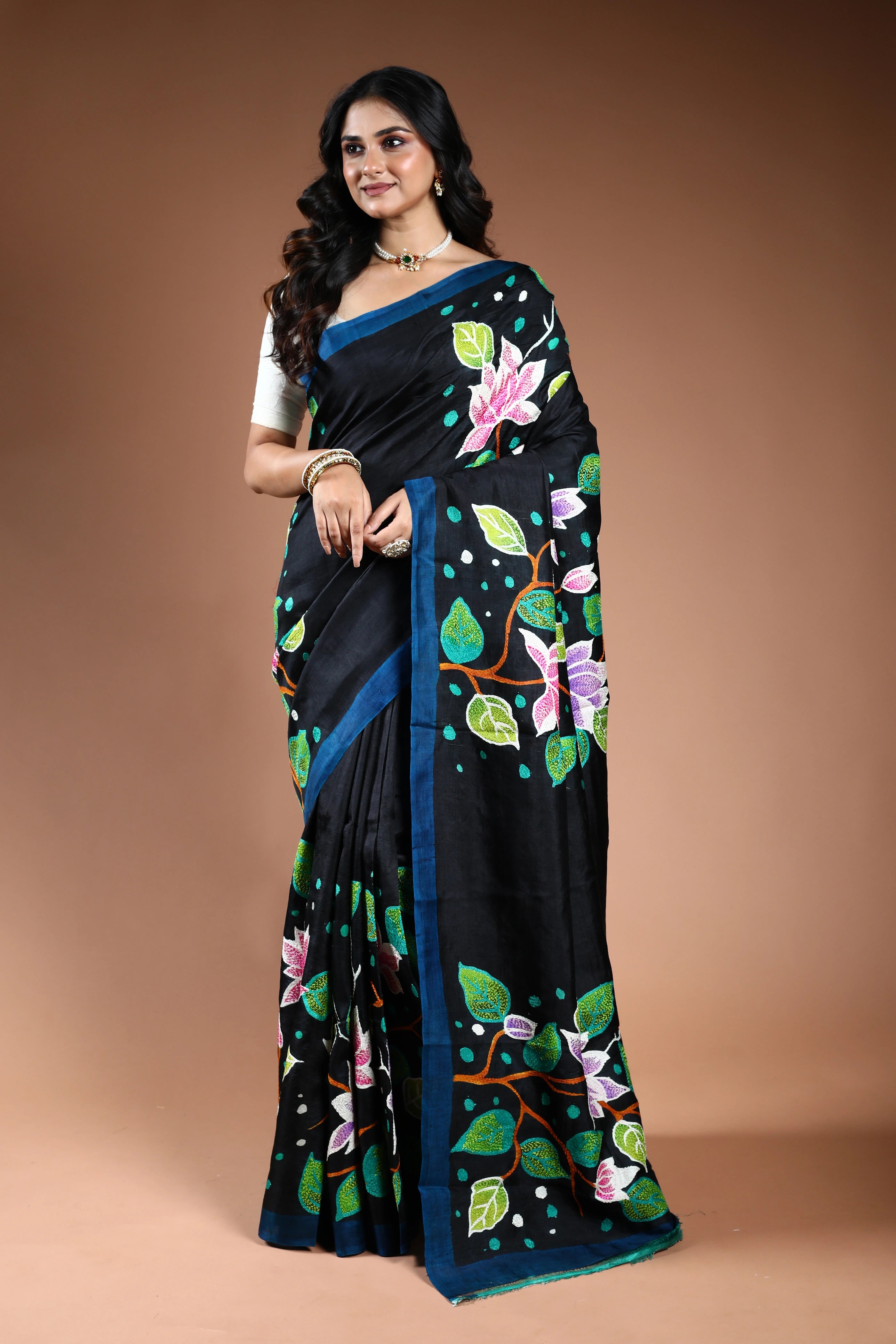 Black Murshidabad Silk katha work Saree with Blouse Piece