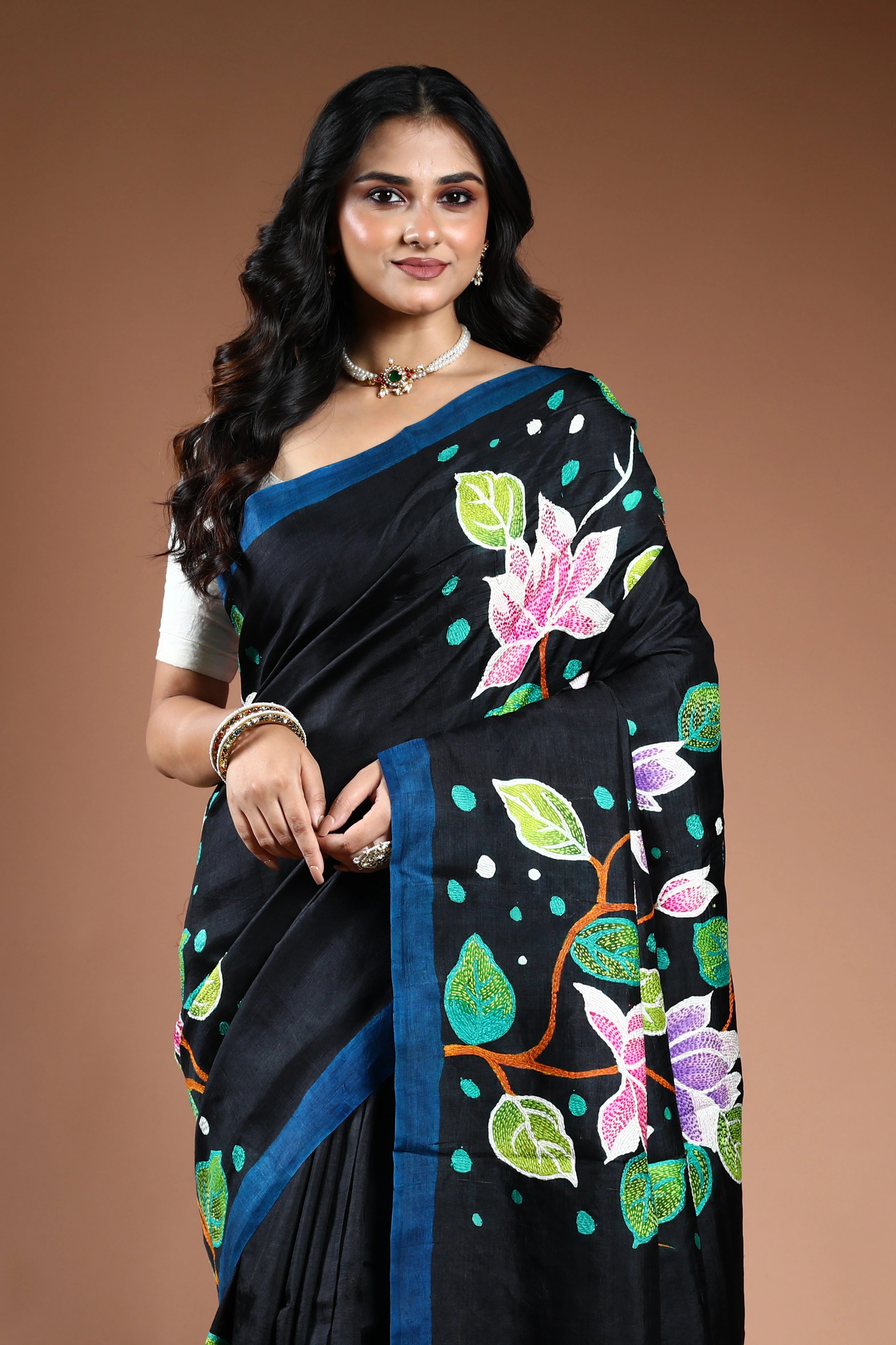 Black Murshidabad Silk katha work Saree with Blouse Piece