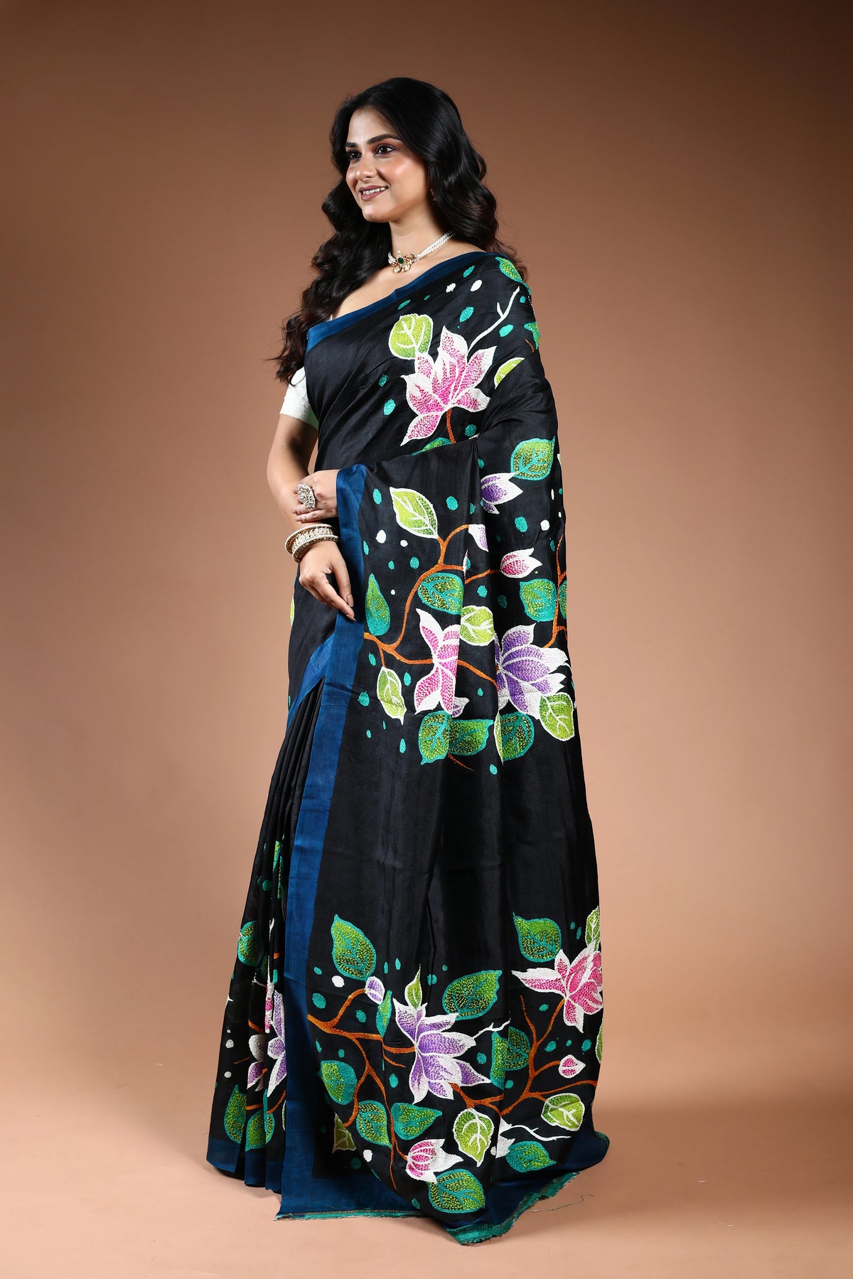 Black Murshidabad Silk katha work Saree with Blouse Piece